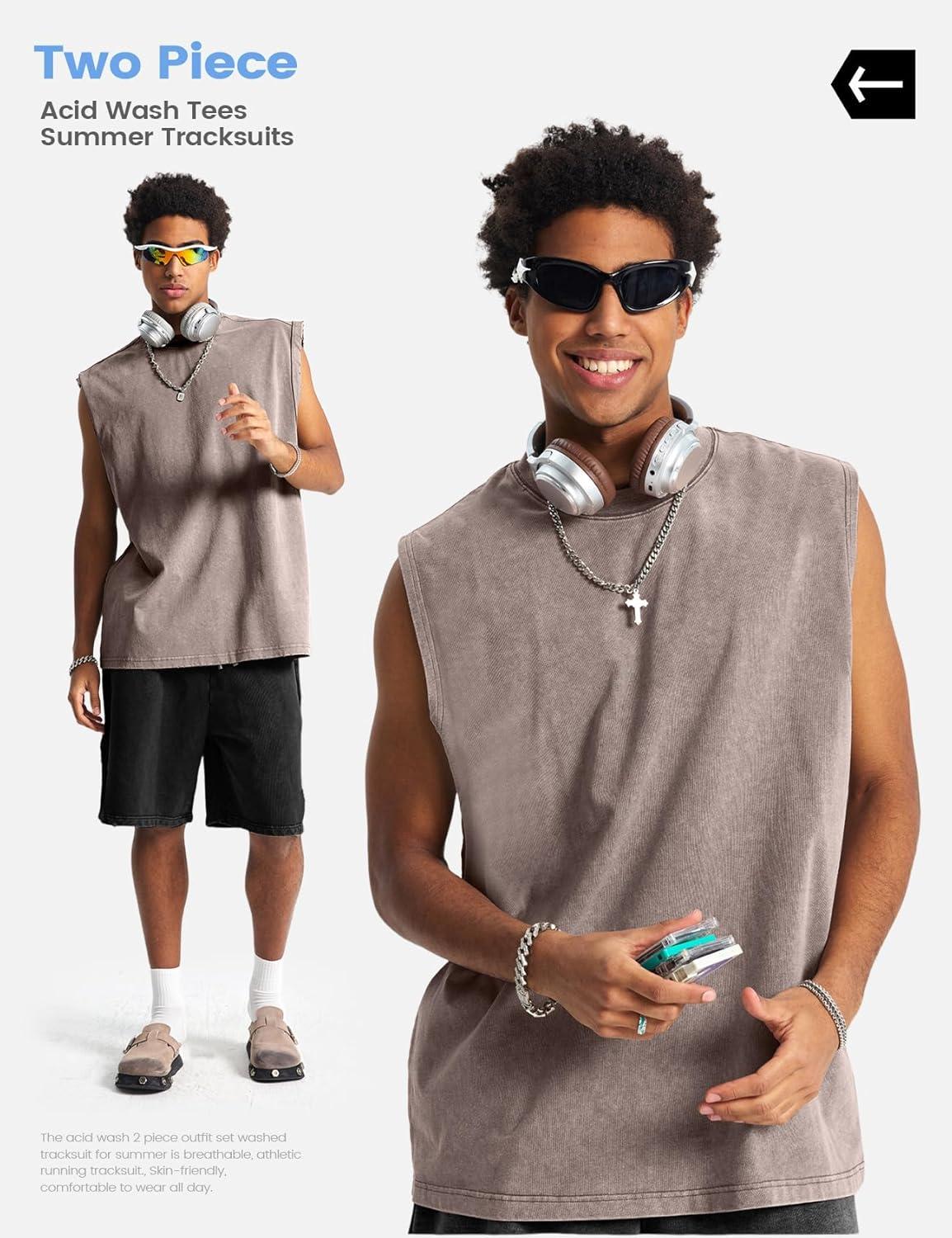 image:imageArssm Mens 2 Piece Outfits Acid Wash Sleeveless Shirts and Shorts Summer Cotton Gym TracksuitsKhakiblack