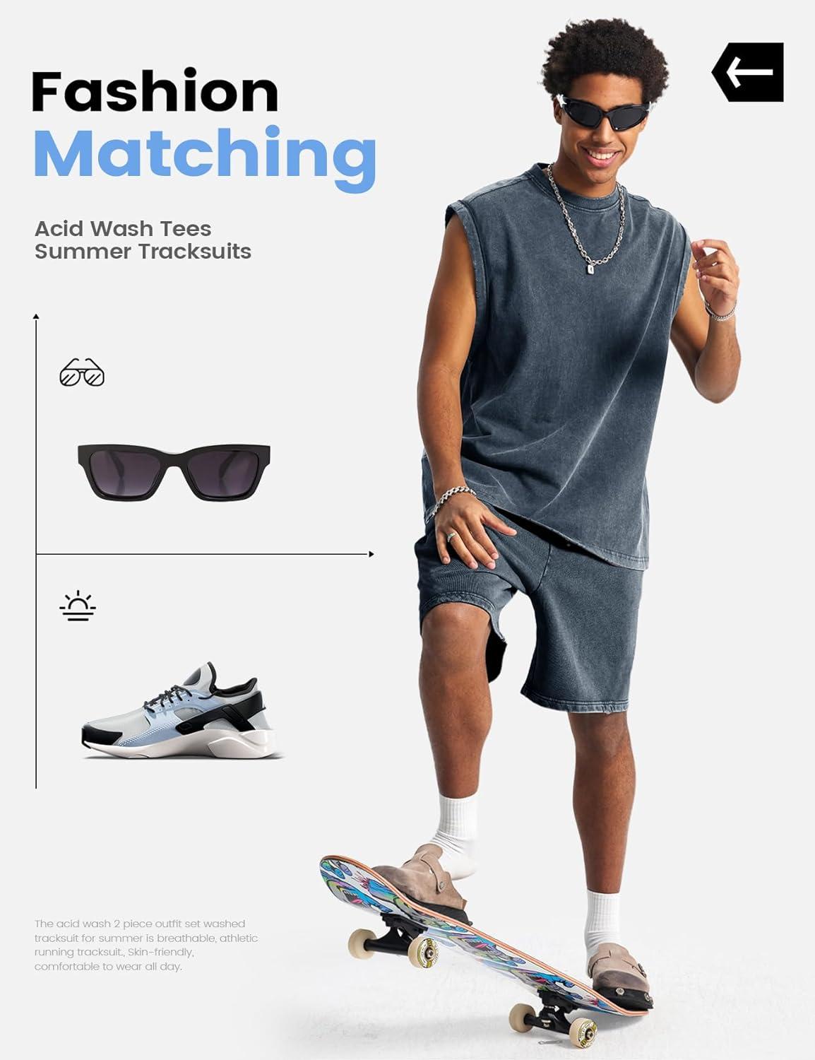 image:imageArssm Mens 2 Piece Outfits Acid Wash Sleeveless Shirts and Shorts Summer Cotton Gym TracksuitsNavy