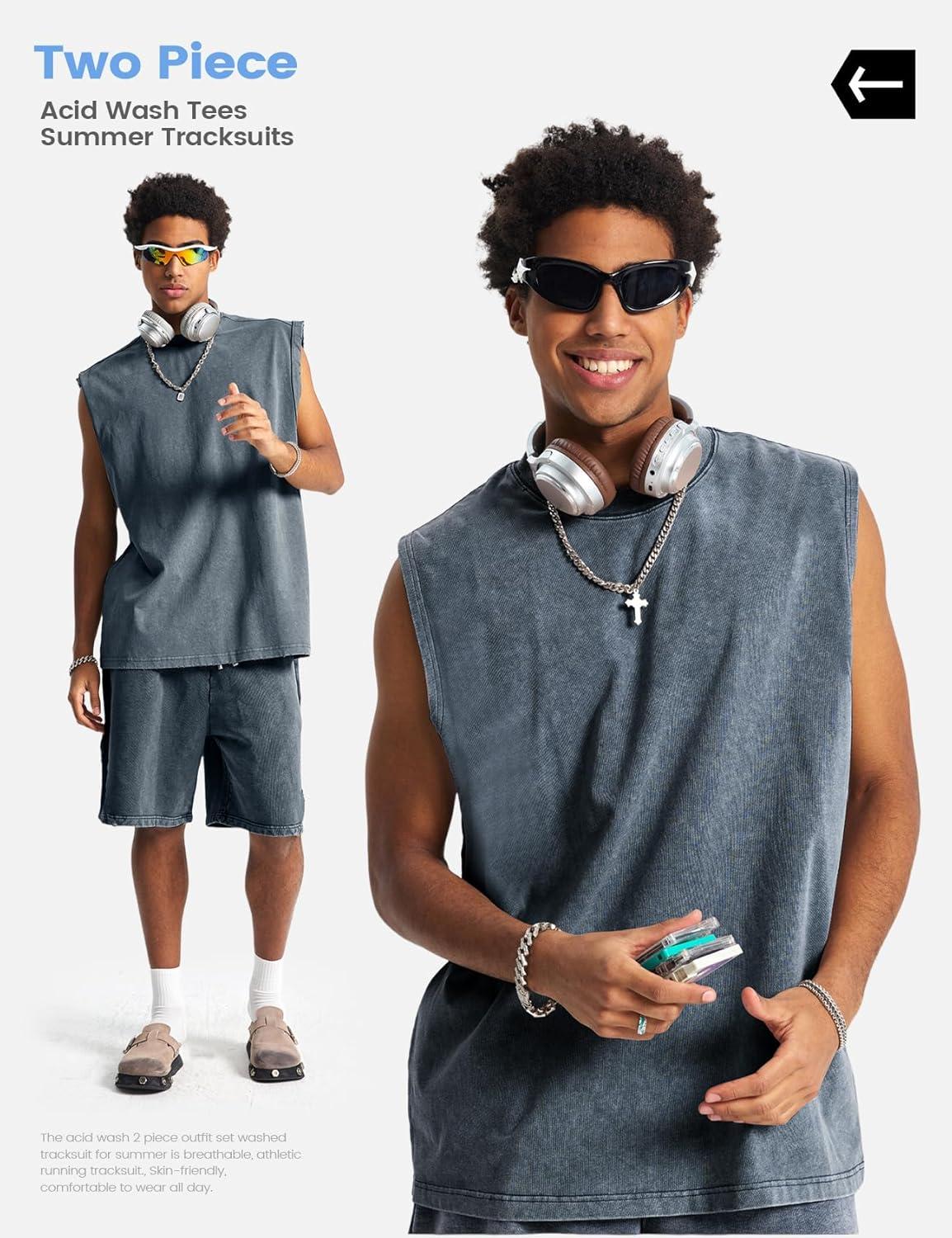 image:imageArssm Mens 2 Piece Outfits Acid Wash Sleeveless Shirts and Shorts Summer Cotton Gym TracksuitsNavy