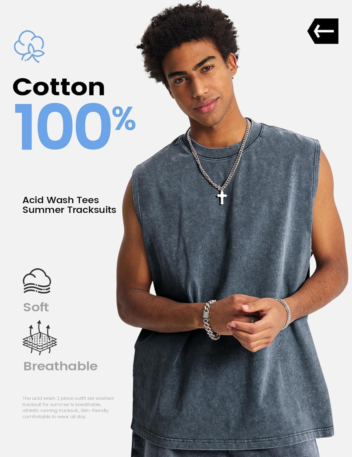 image:imageArssm Mens 2 Piece Outfits Acid Wash Sleeveless Shirts and Shorts Summer Cotton Gym TracksuitsNavy