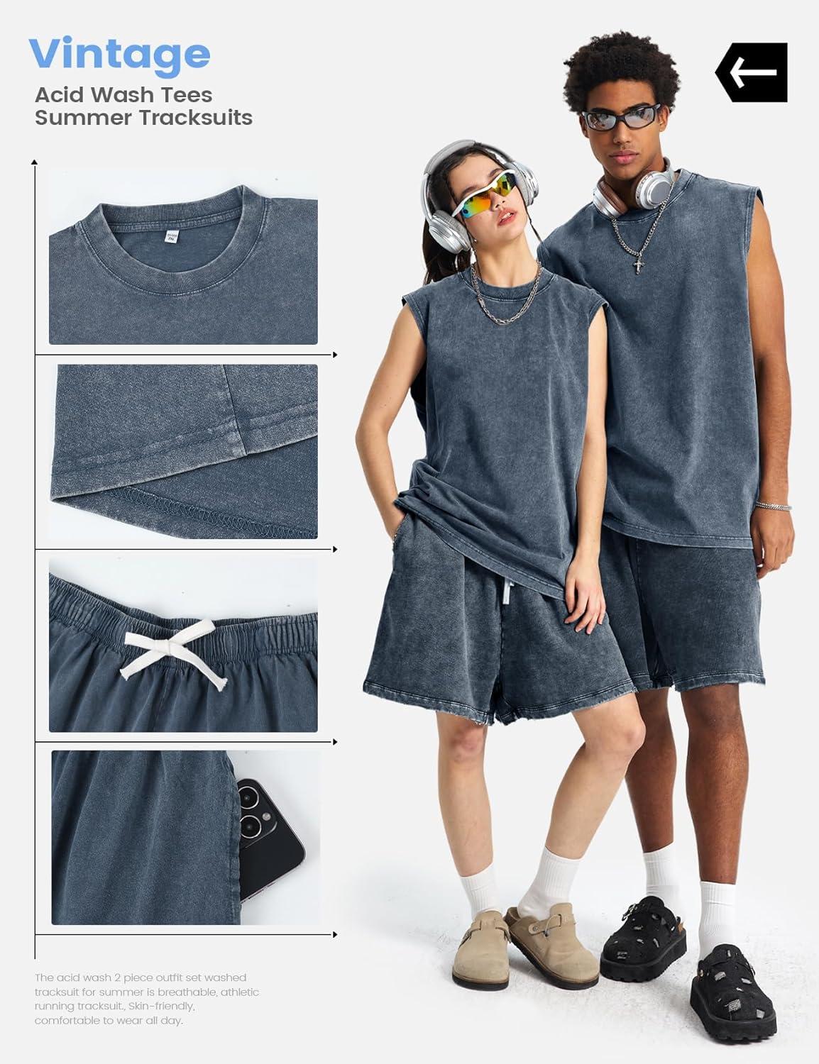 image:imageArssm Mens 2 Piece Outfits Acid Wash Sleeveless Shirts and Shorts Summer Cotton Gym TracksuitsNavy