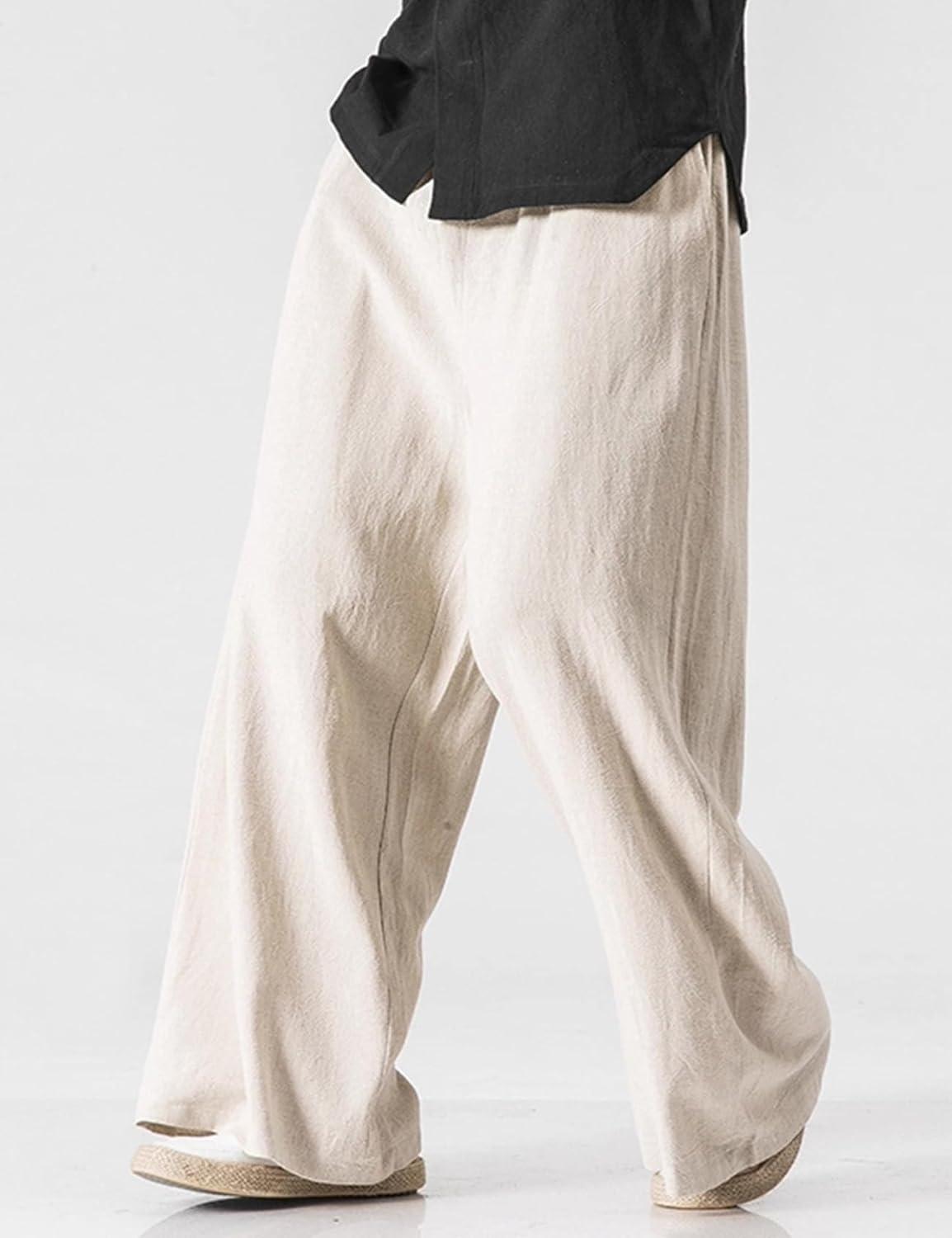 image:imageArssm Mens Cotton Linen Pants Wide Leg Baggy Pants Elastic Waist Casual Summer Beach Palazzo TrousersBeige