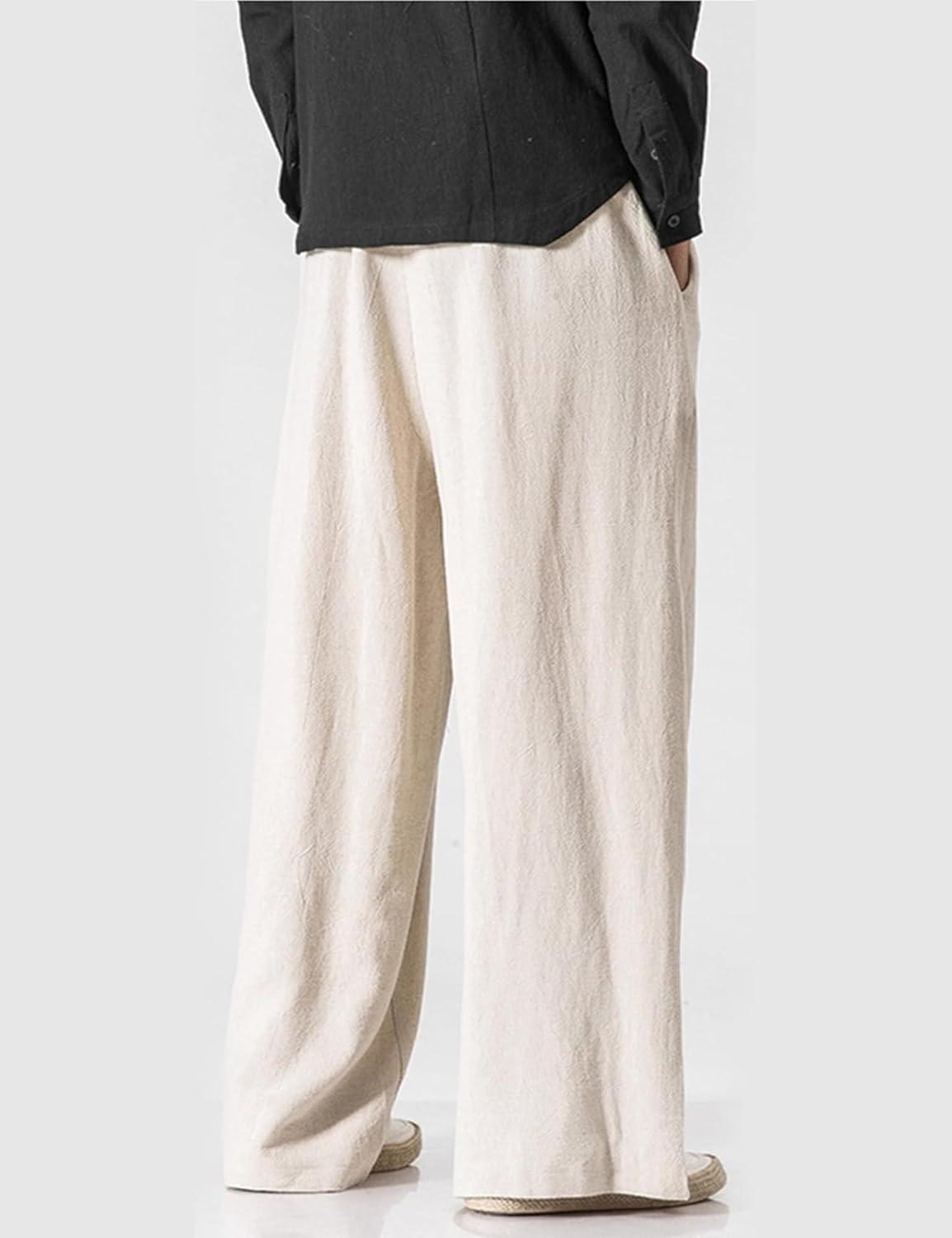 image:imageArssm Mens Cotton Linen Pants Wide Leg Baggy Pants Elastic Waist Casual Summer Beach Palazzo TrousersBeige