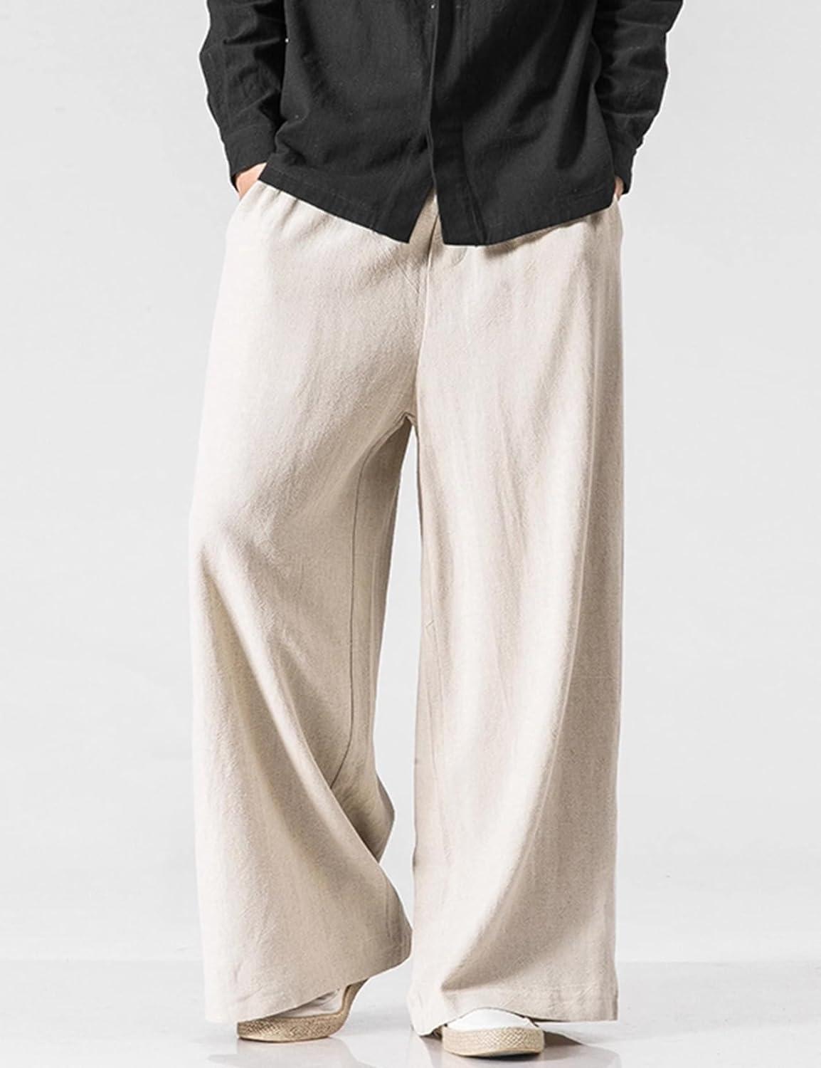 image:imageArssm Mens Cotton Linen Pants Wide Leg Baggy Pants Elastic Waist Casual Summer Beach Palazzo TrousersBeige