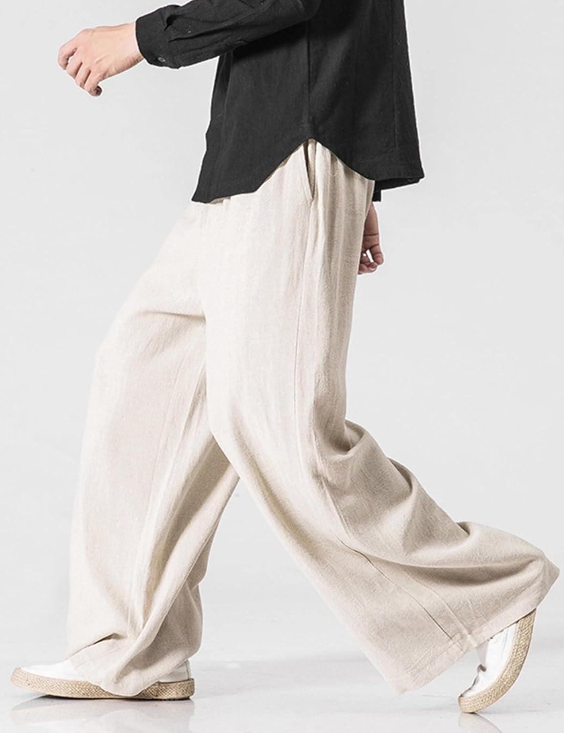 image:imageArssm Mens Cotton Linen Pants Wide Leg Baggy Pants Elastic Waist Casual Summer Beach Palazzo TrousersBeige