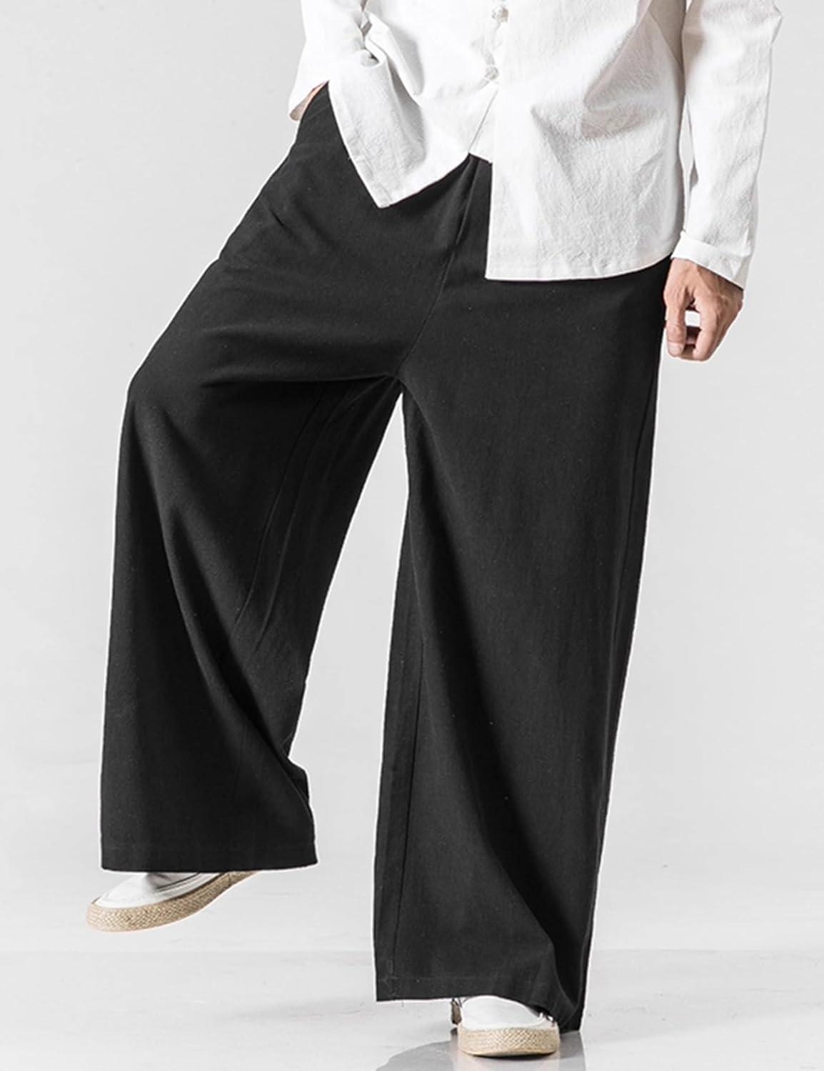 image:imageArssm Mens Cotton Linen Pants Wide Leg Baggy Pants Elastic Waist Casual Summer Beach Palazzo TrousersBlack