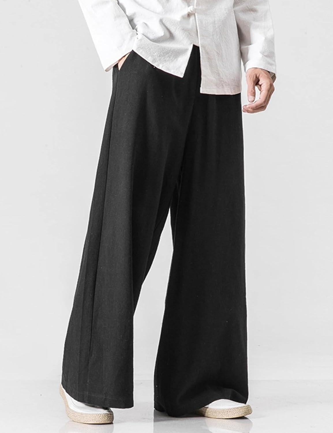 image:imageArssm Mens Cotton Linen Pants Wide Leg Baggy Pants Elastic Waist Casual Summer Beach Palazzo TrousersBlack