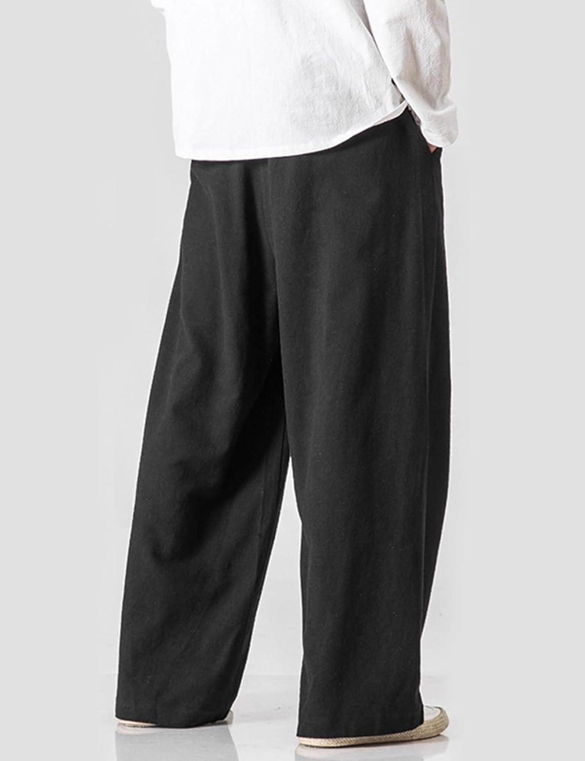 image:imageArssm Mens Cotton Linen Pants Wide Leg Baggy Pants Elastic Waist Casual Summer Beach Palazzo TrousersBlack
