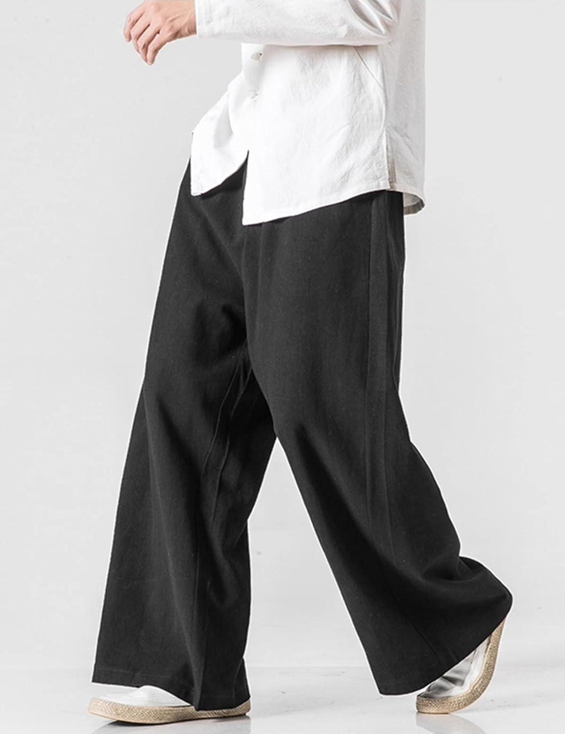 image:imageArssm Mens Cotton Linen Pants Wide Leg Baggy Pants Elastic Waist Casual Summer Beach Palazzo TrousersBlack