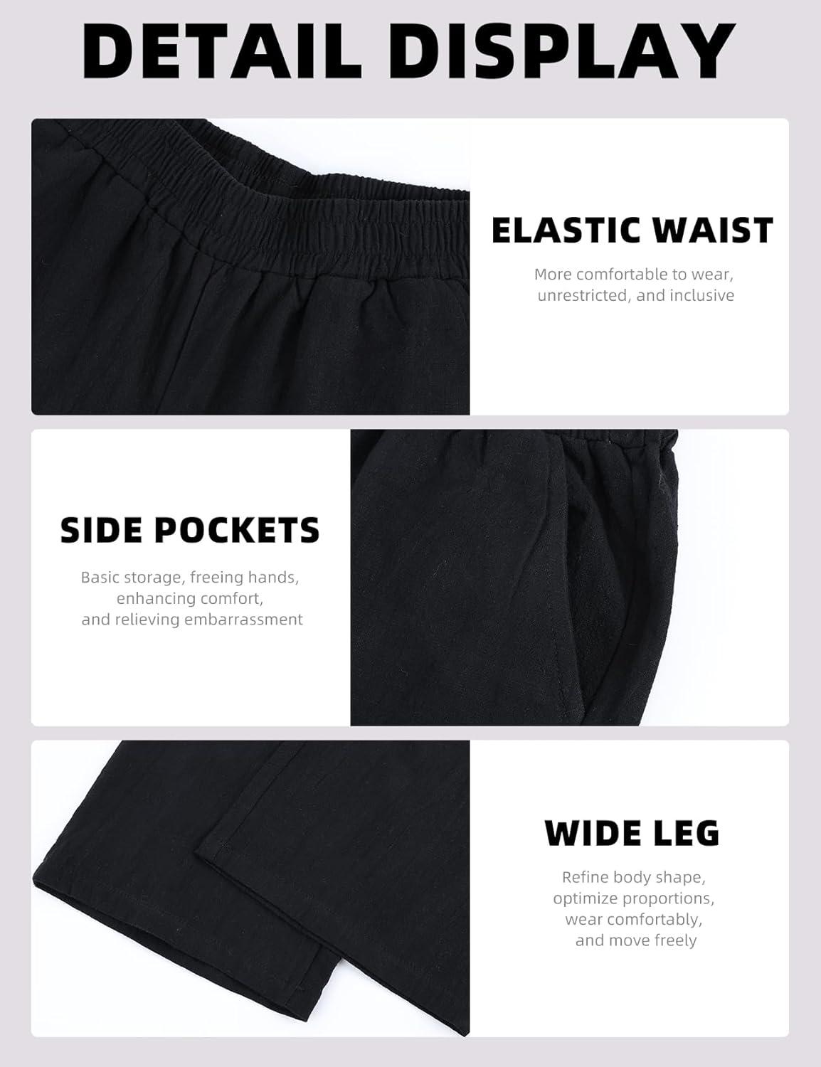 image:imageArssm Mens Cotton Linen Pants Wide Leg Baggy Pants Elastic Waist Casual Summer Beach Palazzo TrousersBlack