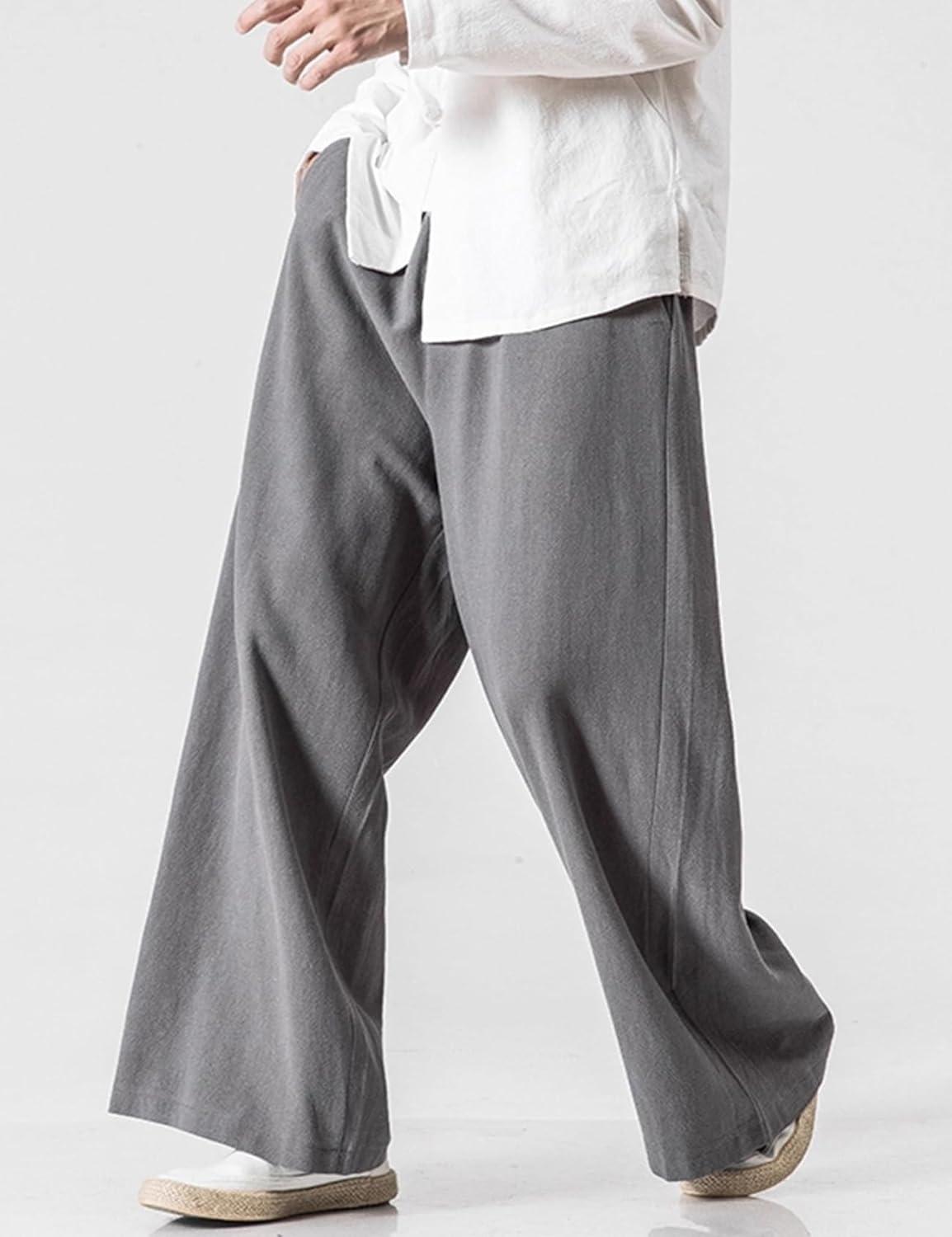 image:imageArssm Mens Cotton Linen Pants Wide Leg Baggy Pants Elastic Waist Casual Summer Beach Palazzo TrousersGrey
