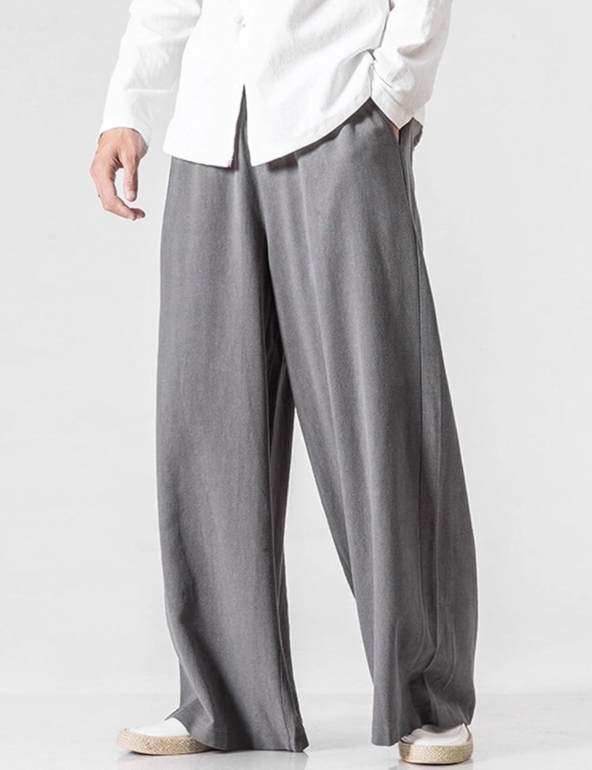 image:imageArssm Mens Cotton Linen Pants Wide Leg Baggy Pants Elastic Waist Casual Summer Beach Palazzo TrousersGrey