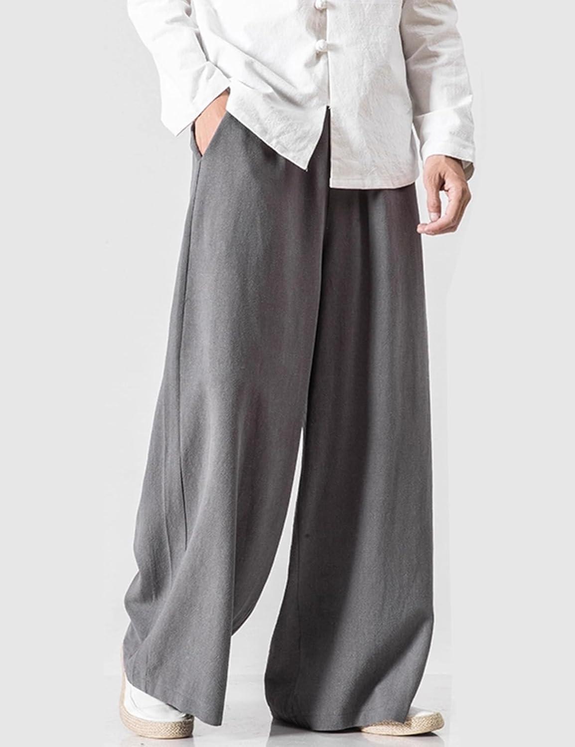 image:imageArssm Mens Cotton Linen Pants Wide Leg Baggy Pants Elastic Waist Casual Summer Beach Palazzo TrousersGrey