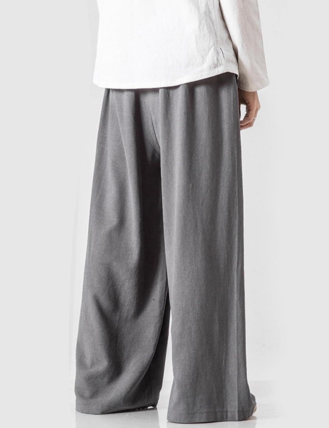 image:imageArssm Mens Cotton Linen Pants Wide Leg Baggy Pants Elastic Waist Casual Summer Beach Palazzo TrousersGrey