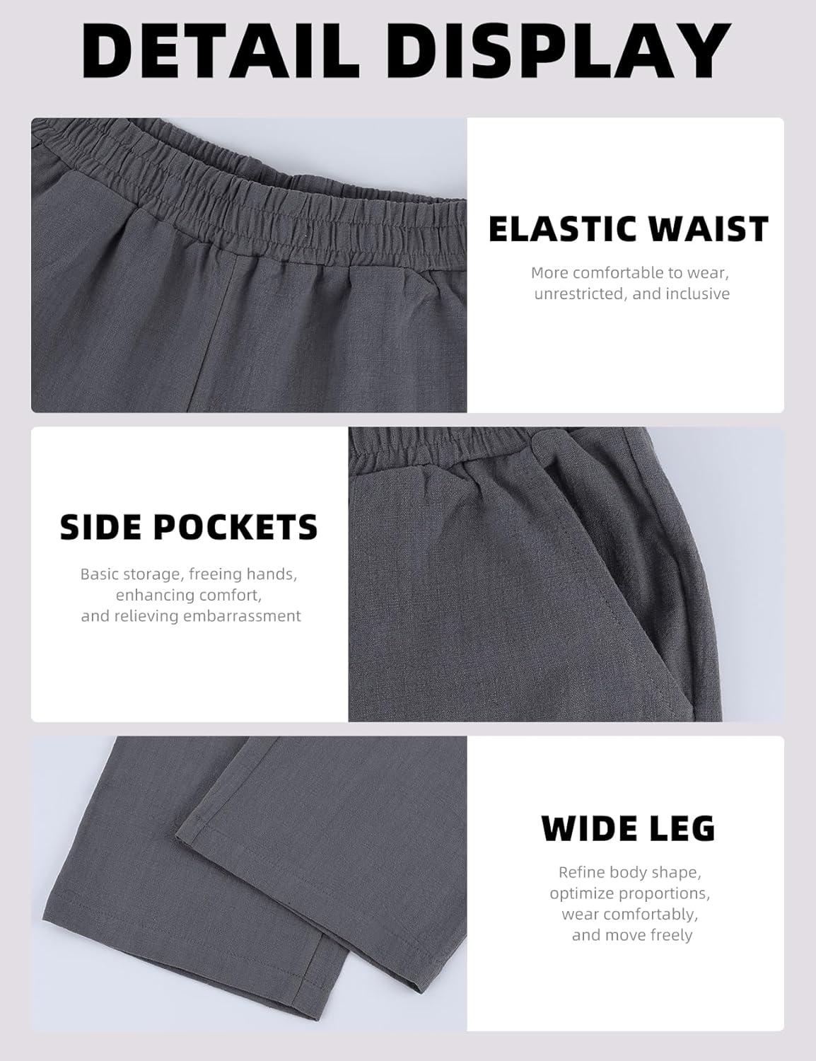 image:imageArssm Mens Cotton Linen Pants Wide Leg Baggy Pants Elastic Waist Casual Summer Beach Palazzo TrousersGrey