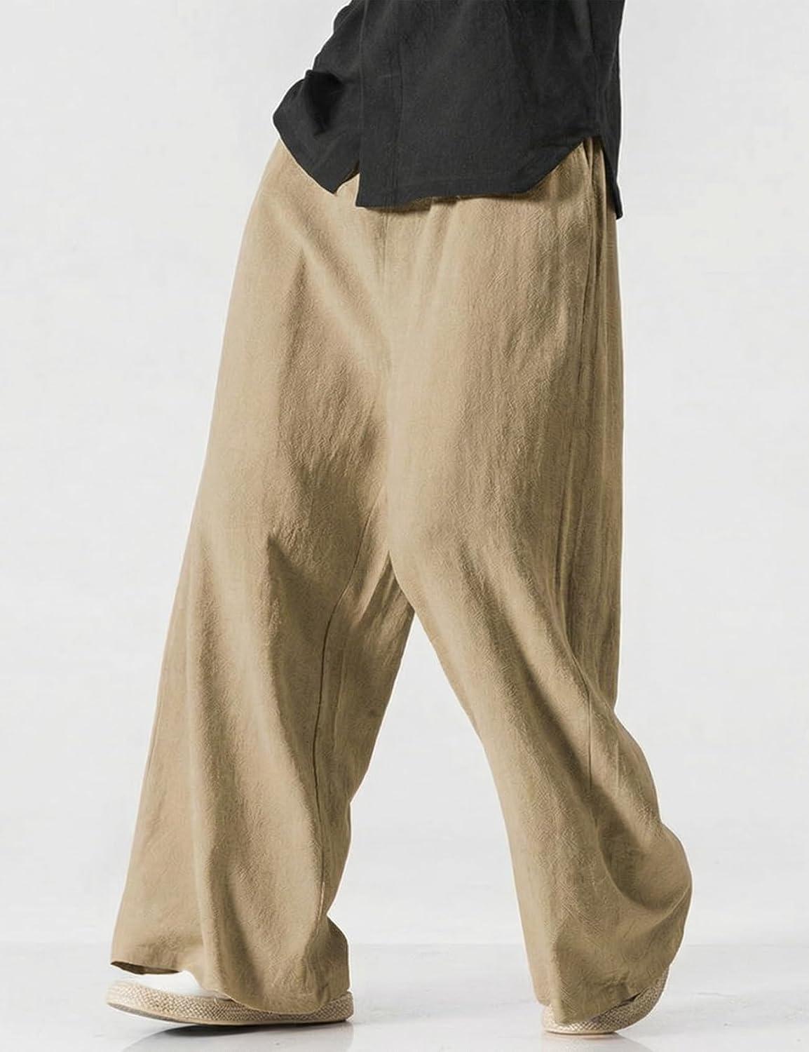 image:imageArssm Mens Cotton Linen Pants Wide Leg Baggy Pants Elastic Waist Casual Summer Beach Palazzo TrousersKhaki