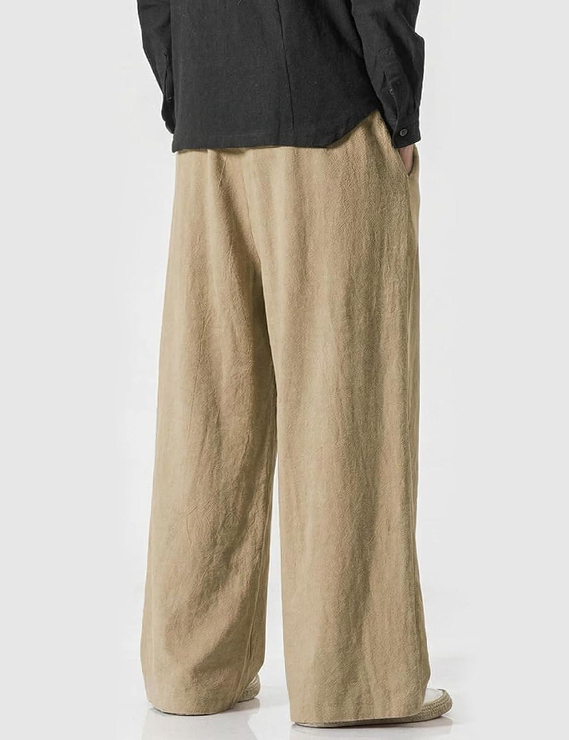 image:imageArssm Mens Cotton Linen Pants Wide Leg Baggy Pants Elastic Waist Casual Summer Beach Palazzo TrousersKhaki