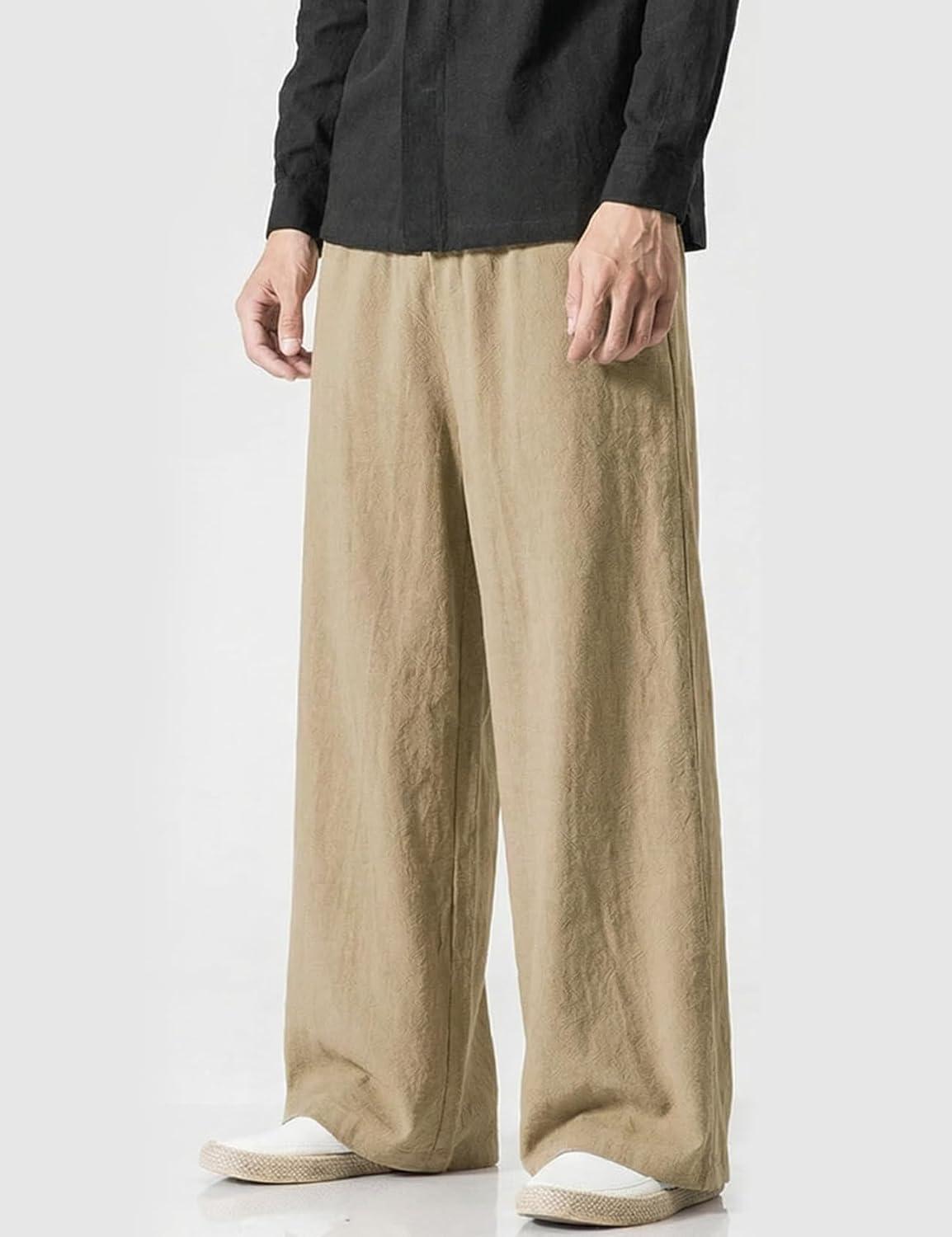 image:imageArssm Mens Cotton Linen Pants Wide Leg Baggy Pants Elastic Waist Casual Summer Beach Palazzo TrousersKhaki