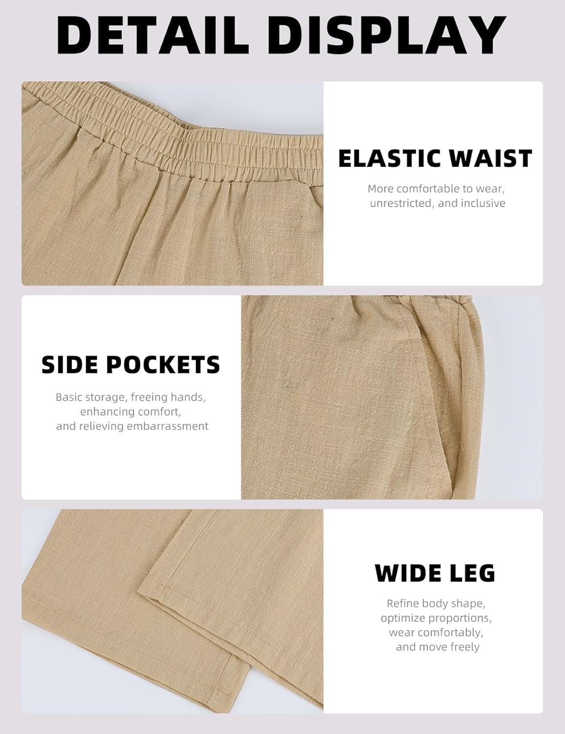 image:imageArssm Mens Cotton Linen Pants Wide Leg Baggy Pants Elastic Waist Casual Summer Beach Palazzo TrousersKhaki