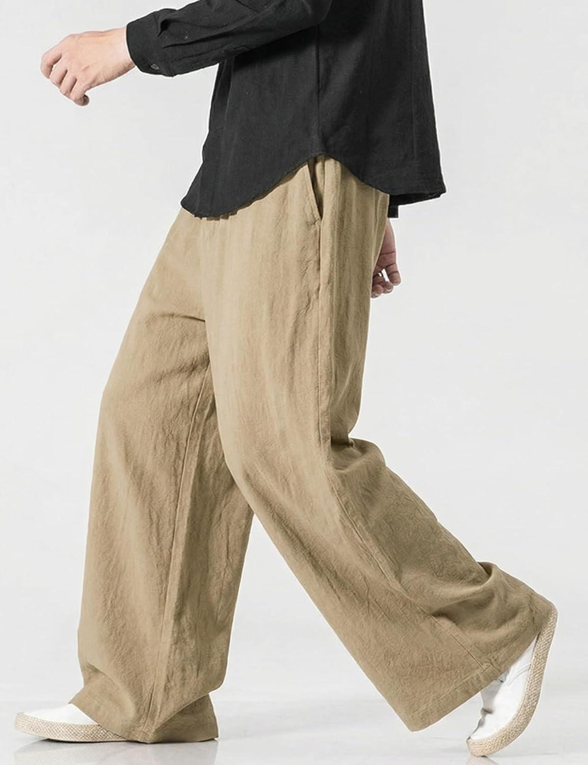 image:imageArssm Mens Cotton Linen Pants Wide Leg Baggy Pants Elastic Waist Casual Summer Beach Palazzo TrousersKhaki