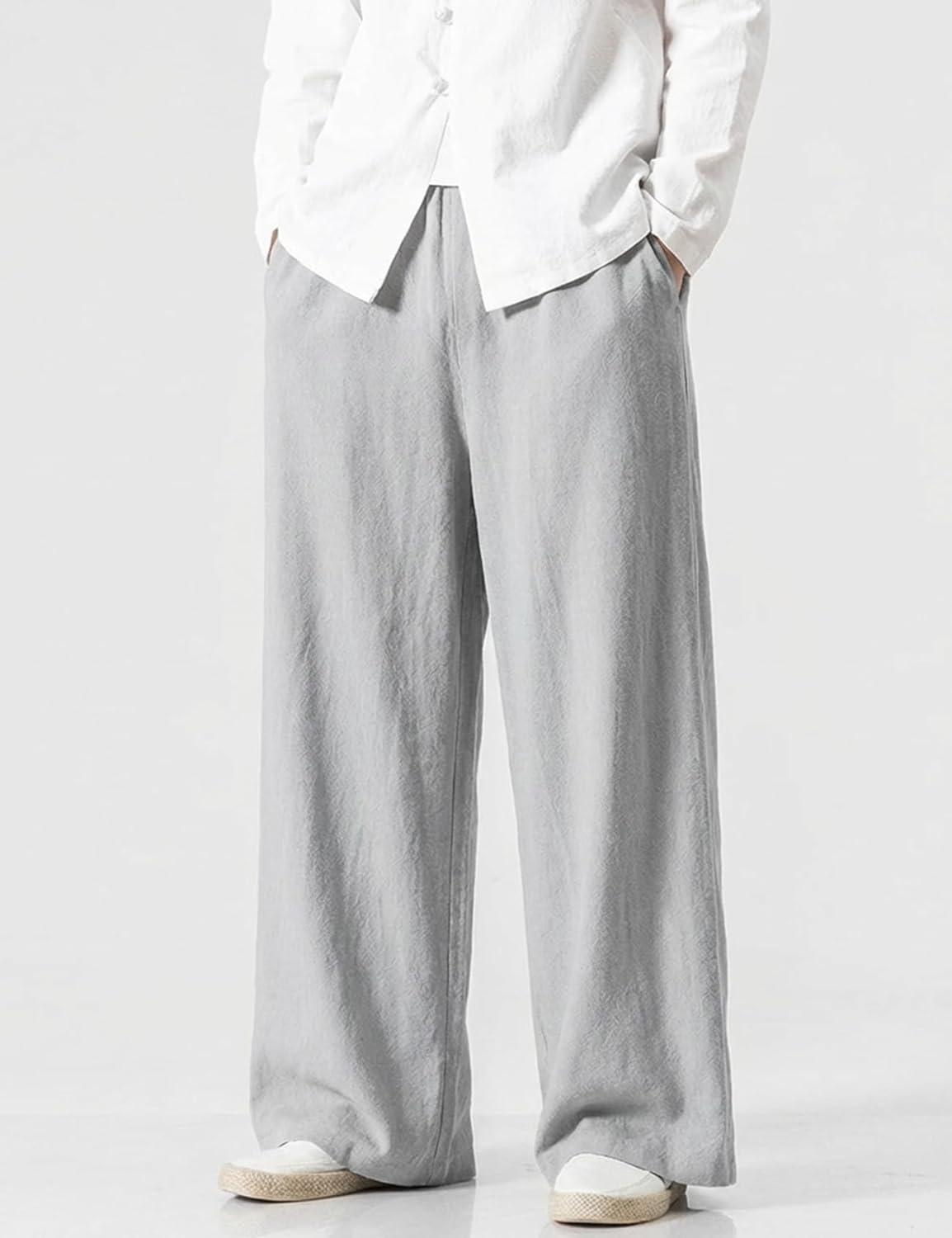 image:imageArssm Mens Cotton Linen Pants Wide Leg Baggy Pants Elastic Waist Casual Summer Beach Palazzo TrousersLightgrey