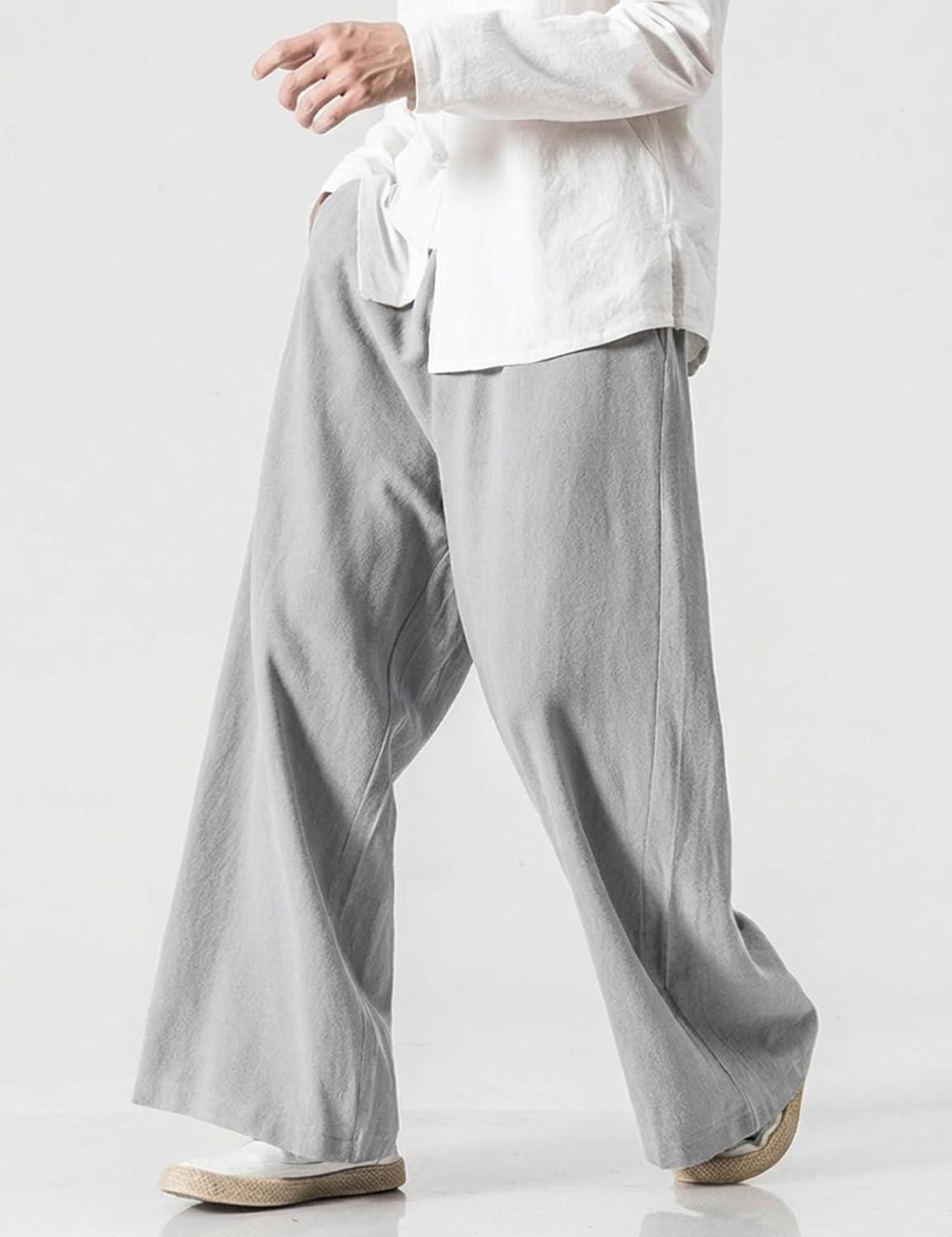 image:imageArssm Mens Cotton Linen Pants Wide Leg Baggy Pants Elastic Waist Casual Summer Beach Palazzo TrousersLightgrey