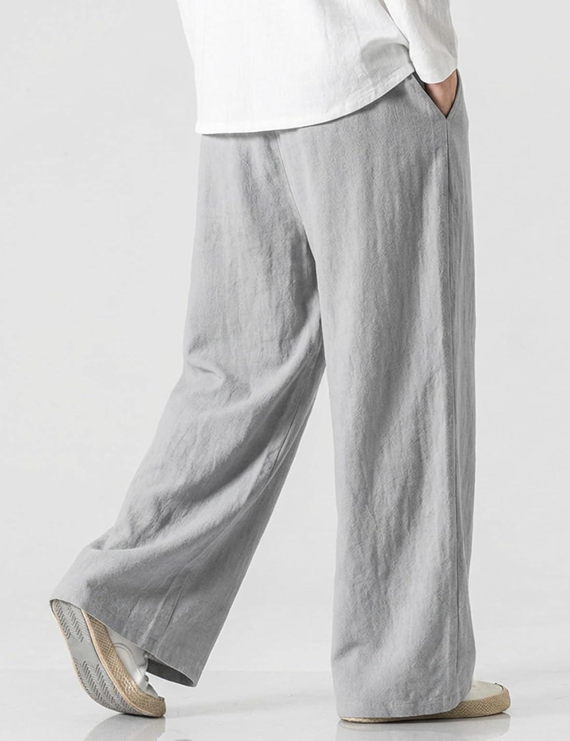 image:imageArssm Mens Cotton Linen Pants Wide Leg Baggy Pants Elastic Waist Casual Summer Beach Palazzo TrousersLightgrey