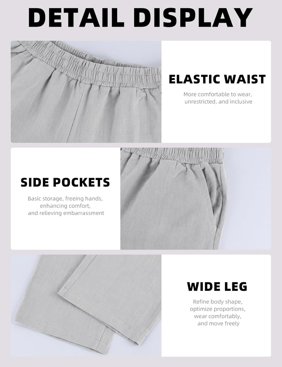 image:imageArssm Mens Cotton Linen Pants Wide Leg Baggy Pants Elastic Waist Casual Summer Beach Palazzo TrousersLightgrey