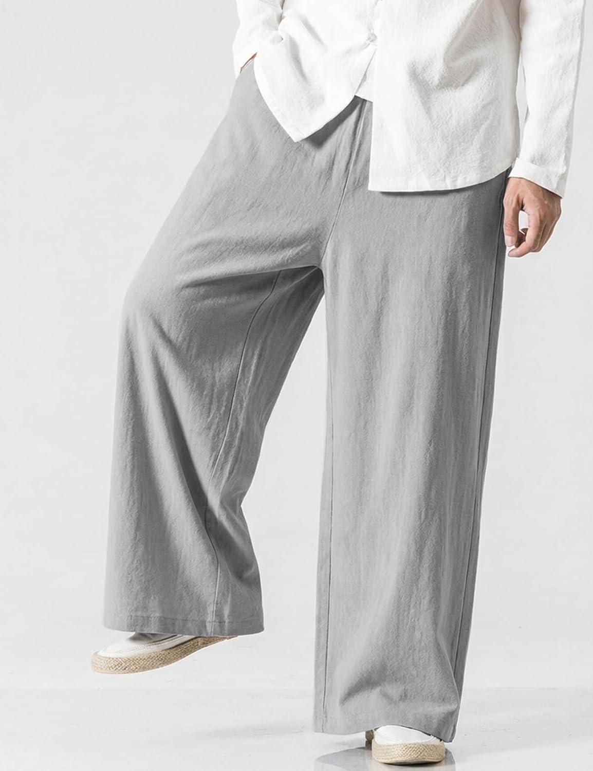 image:imageArssm Mens Cotton Linen Pants Wide Leg Baggy Pants Elastic Waist Casual Summer Beach Palazzo TrousersLightgrey