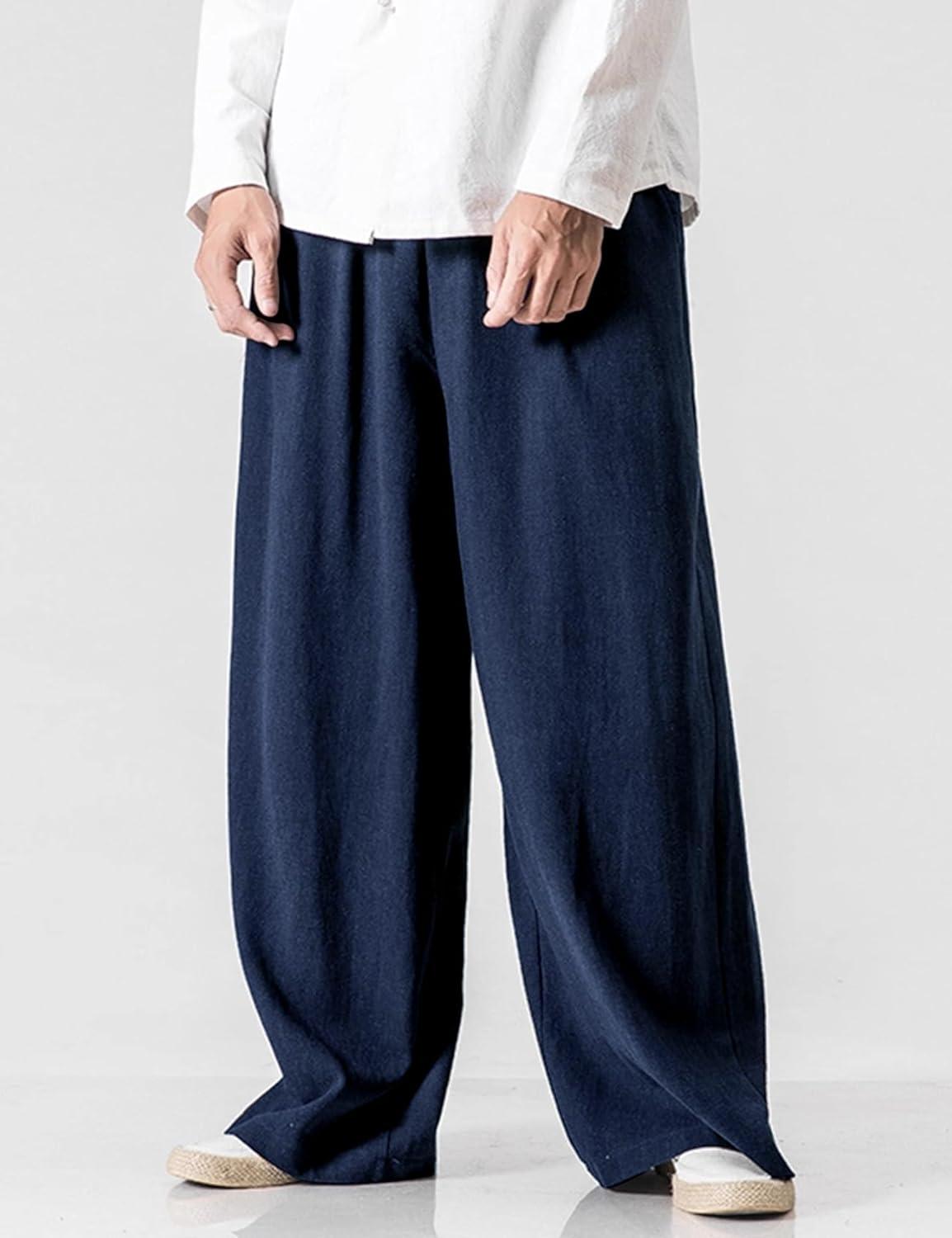 image:imageArssm Mens Cotton Linen Pants Wide Leg Baggy Pants Elastic Waist Casual Summer Beach Palazzo TrousersNavy