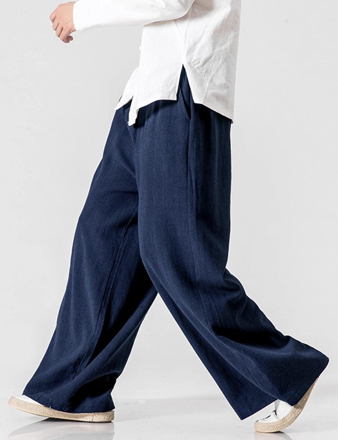 image:imageArssm Mens Cotton Linen Pants Wide Leg Baggy Pants Elastic Waist Casual Summer Beach Palazzo TrousersNavy