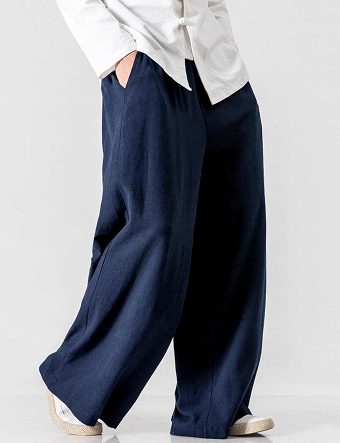 image:imageArssm Mens Cotton Linen Pants Wide Leg Baggy Pants Elastic Waist Casual Summer Beach Palazzo TrousersNavy