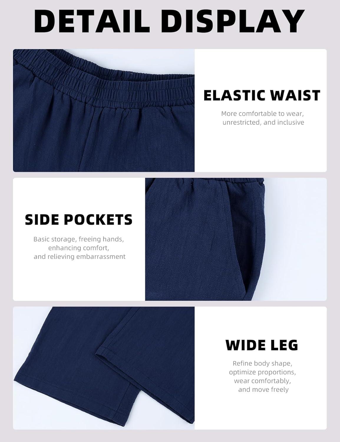 image:imageArssm Mens Cotton Linen Pants Wide Leg Baggy Pants Elastic Waist Casual Summer Beach Palazzo TrousersNavy