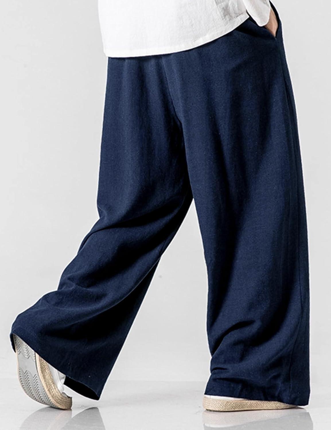 image:imageArssm Mens Cotton Linen Pants Wide Leg Baggy Pants Elastic Waist Casual Summer Beach Palazzo TrousersNavy