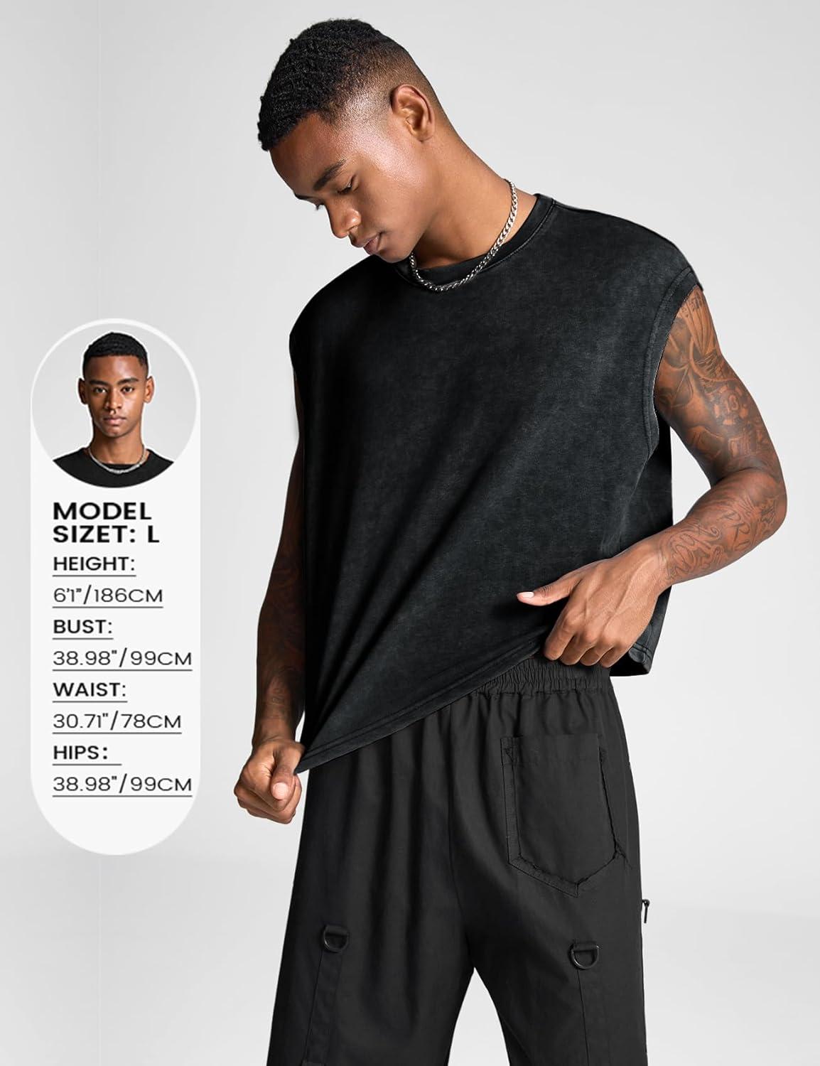 image:imageArssm Mens Crop T Shirts Acid Wash Tank Top Dolman Sleeve Vintage Crewneck Loose Pullover TopBlack