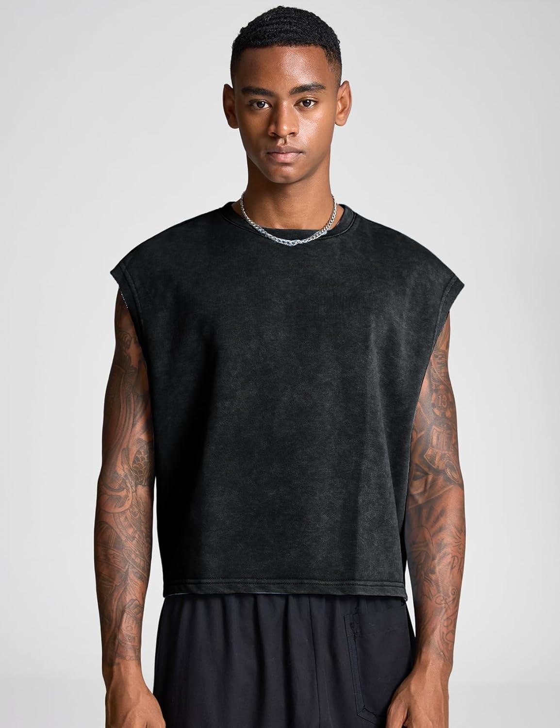 image:imageArssm Mens Crop T Shirts Acid Wash Tank Top Dolman Sleeve Vintage Crewneck Loose Pullover TopBlack