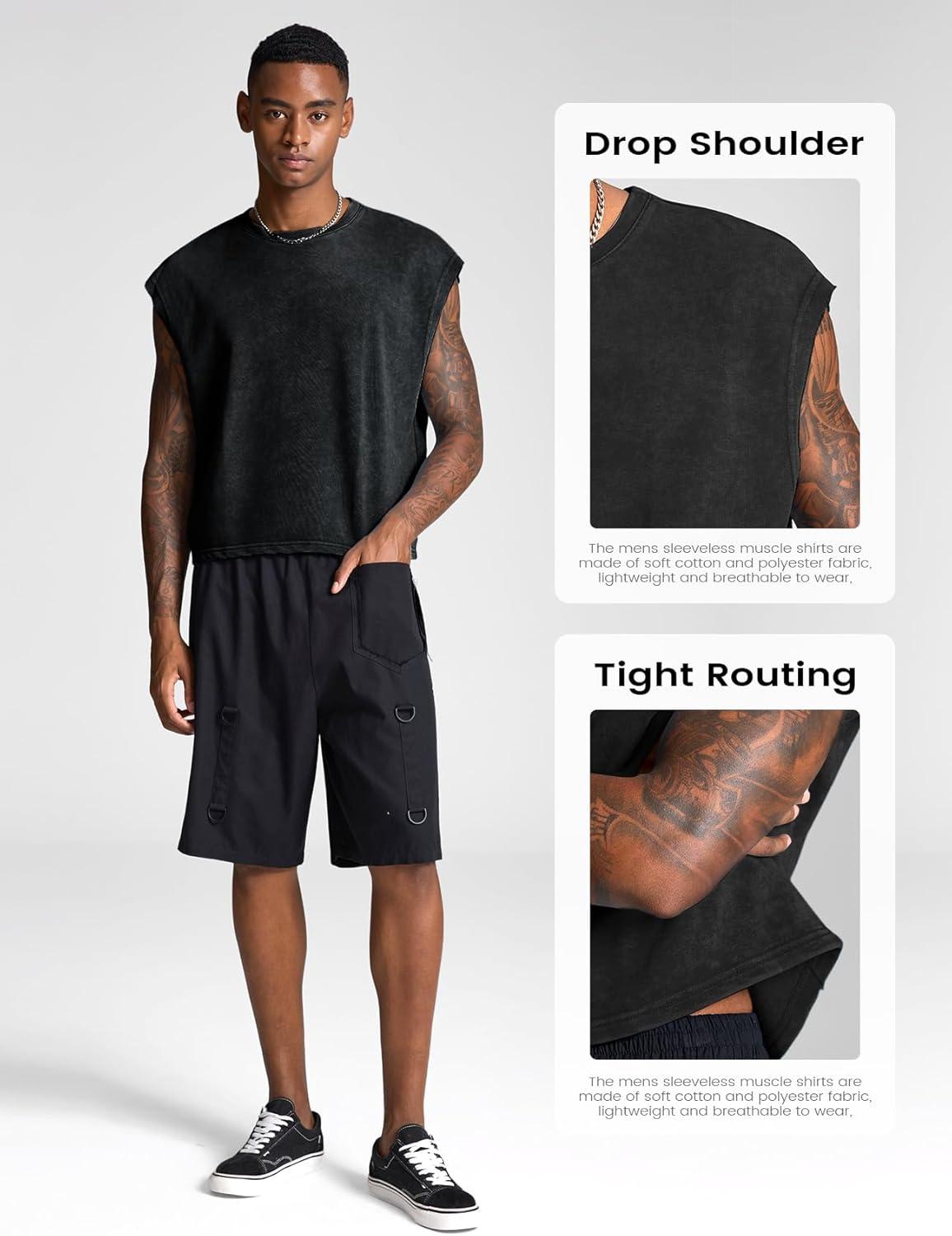 image:imageArssm Mens Crop T Shirts Acid Wash Tank Top Dolman Sleeve Vintage Crewneck Loose Pullover TopBlackarmy