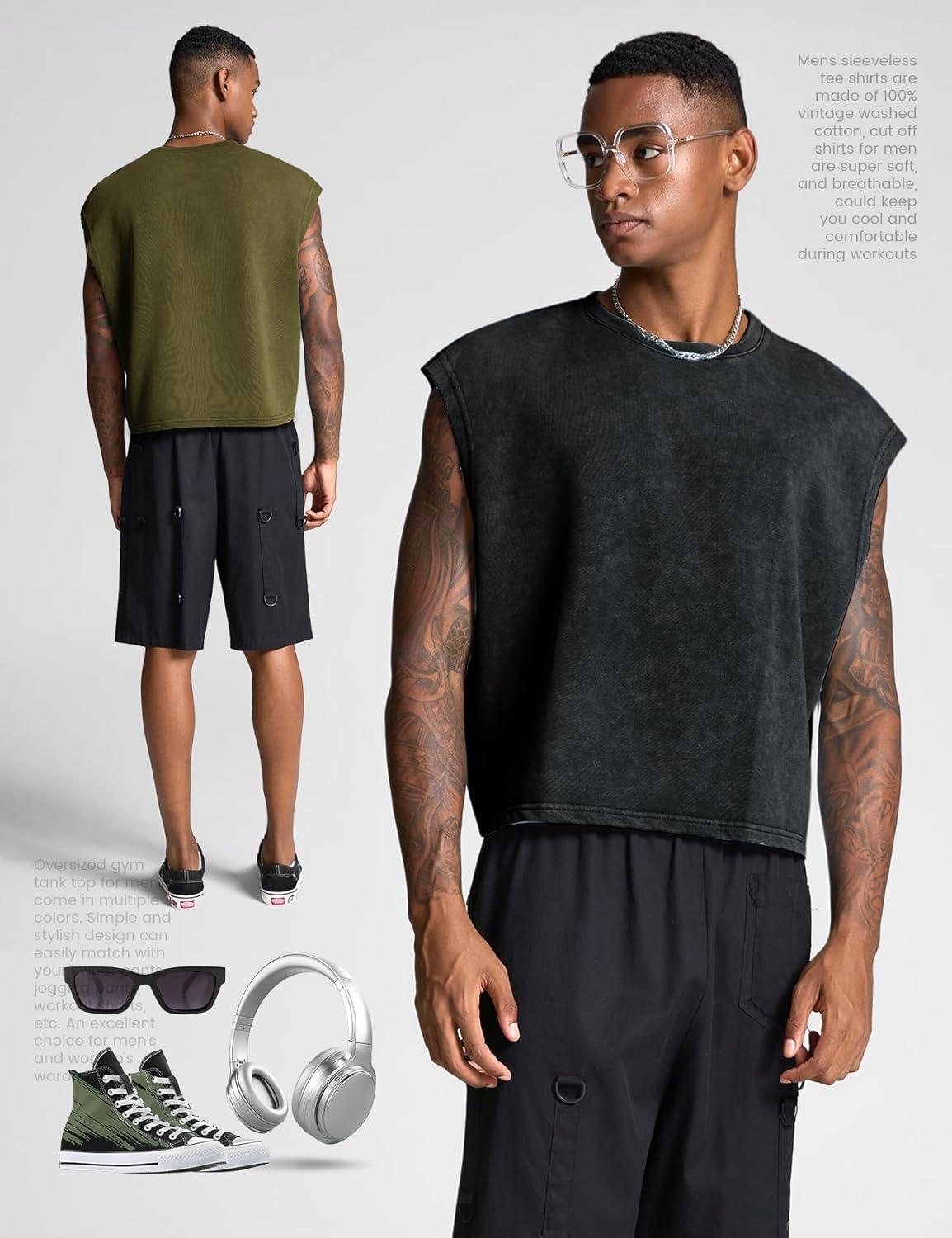 image:imageArssm Mens Crop T Shirts Acid Wash Tank Top Dolman Sleeve Vintage Crewneck Loose Pullover TopBlackarmy