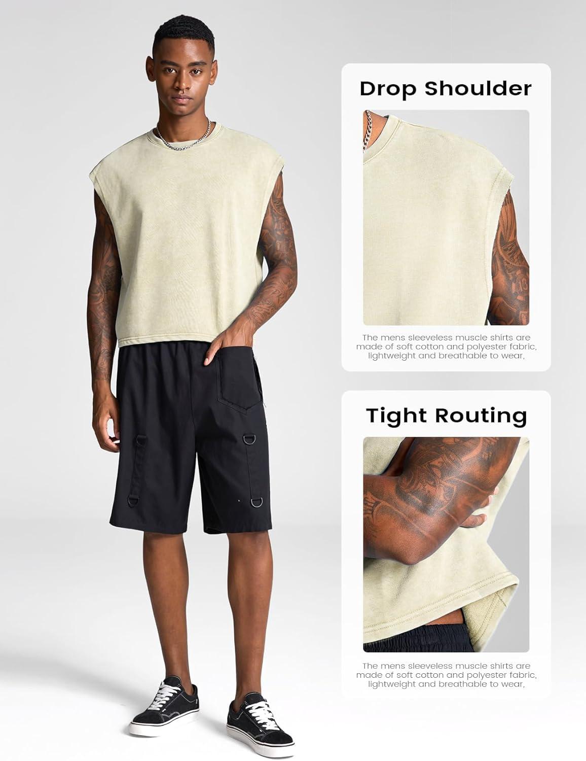 image:imageArssm Mens Crop T Shirts Acid Wash Tank Top Dolman Sleeve Vintage Crewneck Loose Pullover TopBlackbeige