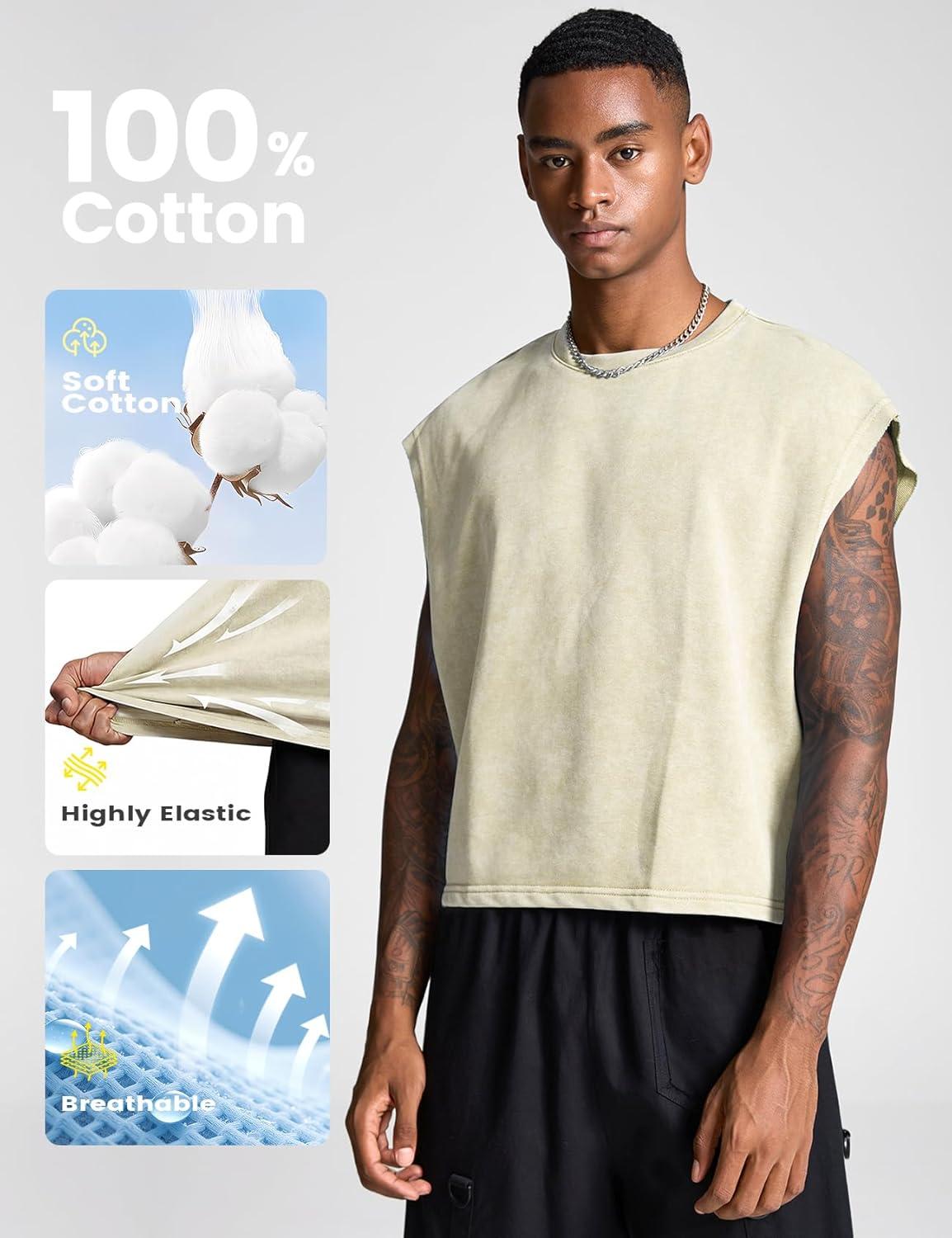 image:imageArssm Mens Crop T Shirts Acid Wash Tank Top Dolman Sleeve Vintage Crewneck Loose Pullover TopBlackbeige