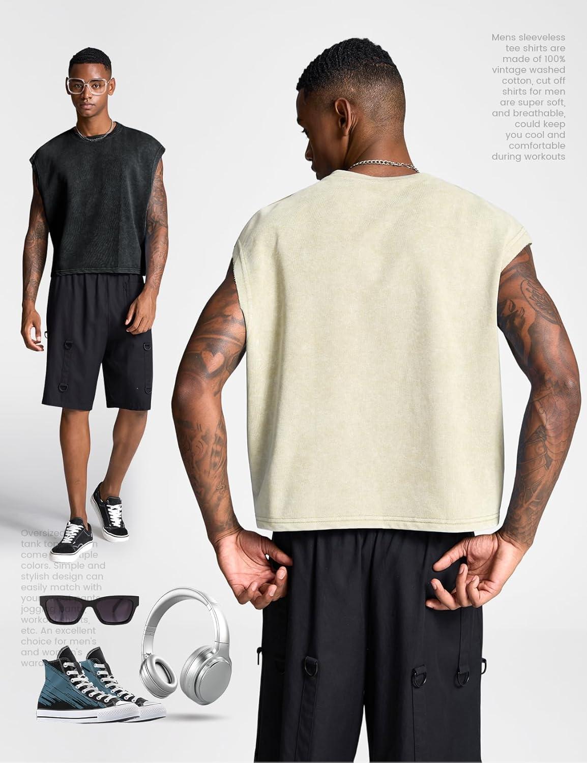 image:imageArssm Mens Crop T Shirts Acid Wash Tank Top Dolman Sleeve Vintage Crewneck Loose Pullover TopBlackbeige