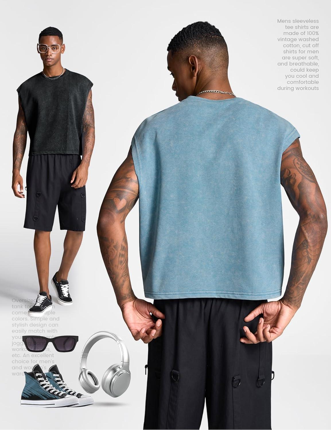 image:imageArssm Mens Crop T Shirts Acid Wash Tank Top Dolman Sleeve Vintage Crewneck Loose Pullover TopBlackblue