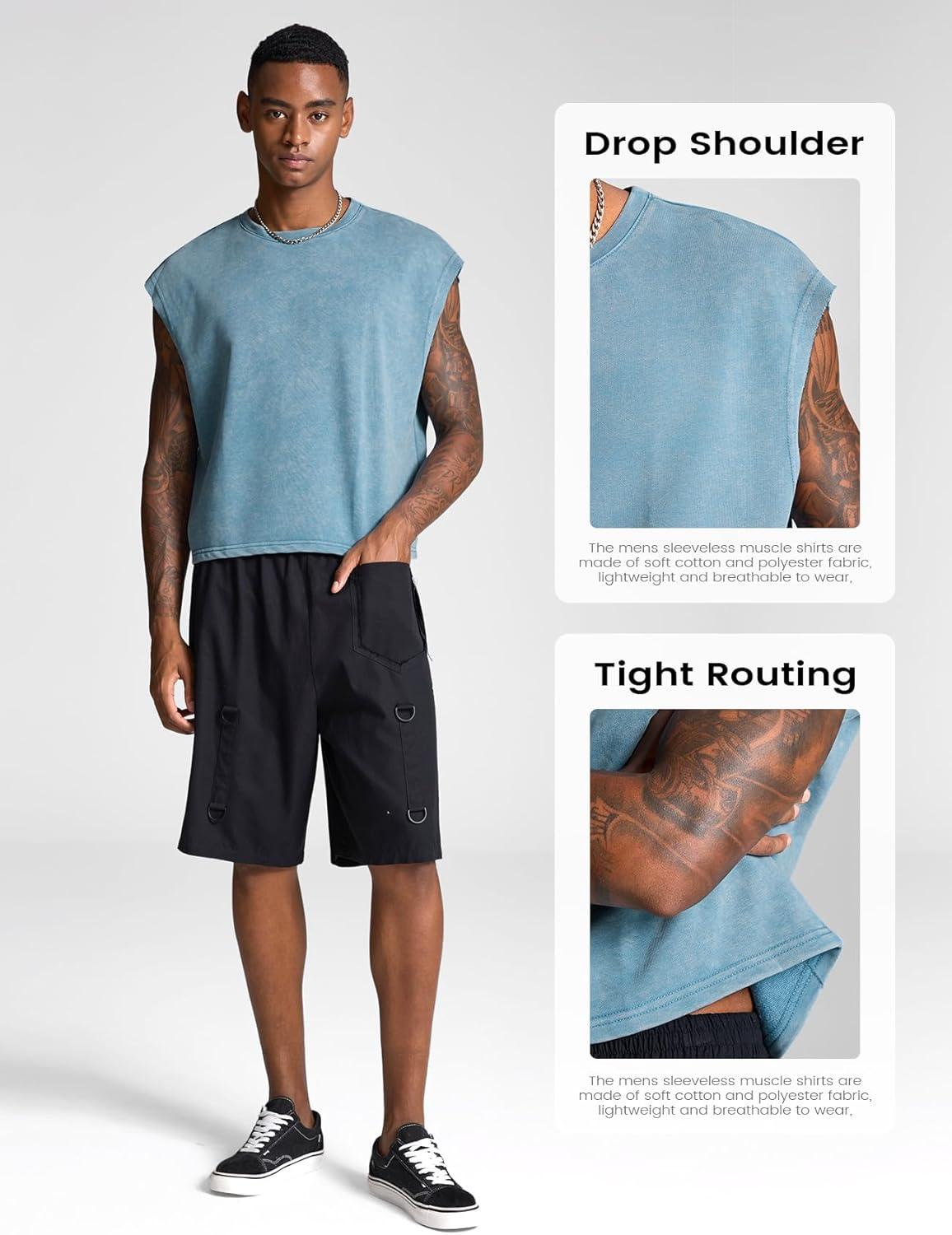 image:imageArssm Mens Crop T Shirts Acid Wash Tank Top Dolman Sleeve Vintage Crewneck Loose Pullover TopBlackblue