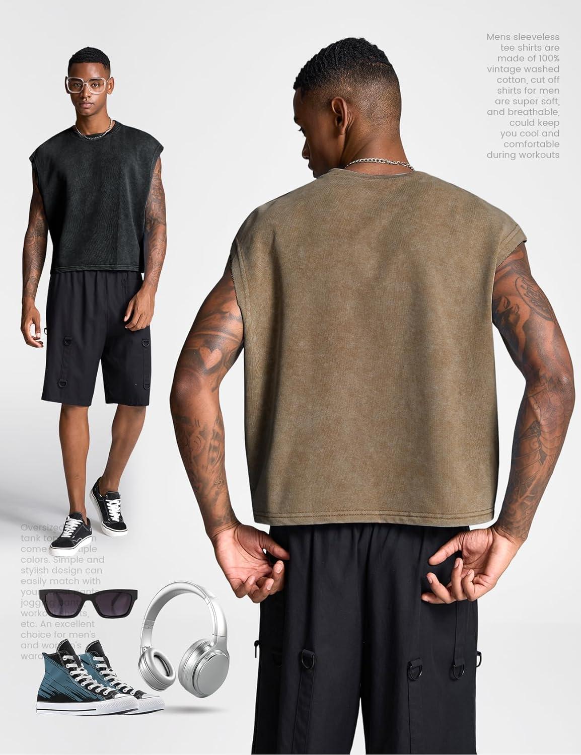 image:imageArssm Mens Crop T Shirts Acid Wash Tank Top Dolman Sleeve Vintage Crewneck Loose Pullover TopBlackbrown