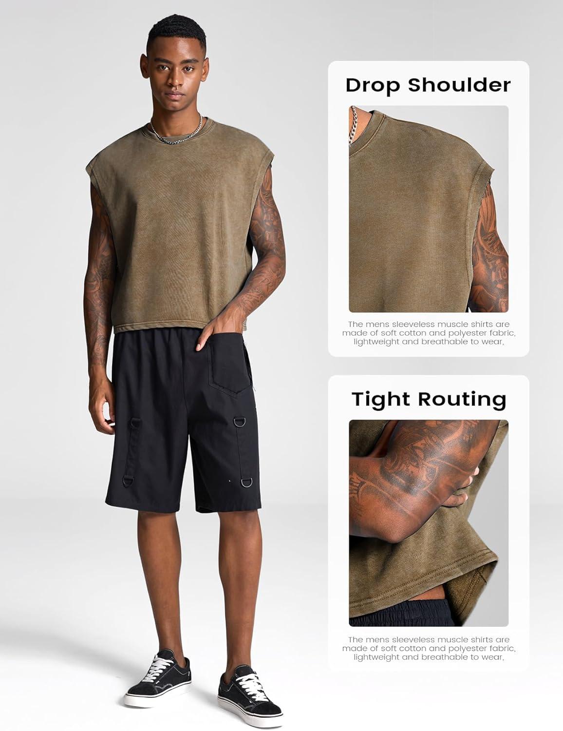 image:imageArssm Mens Crop T Shirts Acid Wash Tank Top Dolman Sleeve Vintage Crewneck Loose Pullover TopBlackbrown
