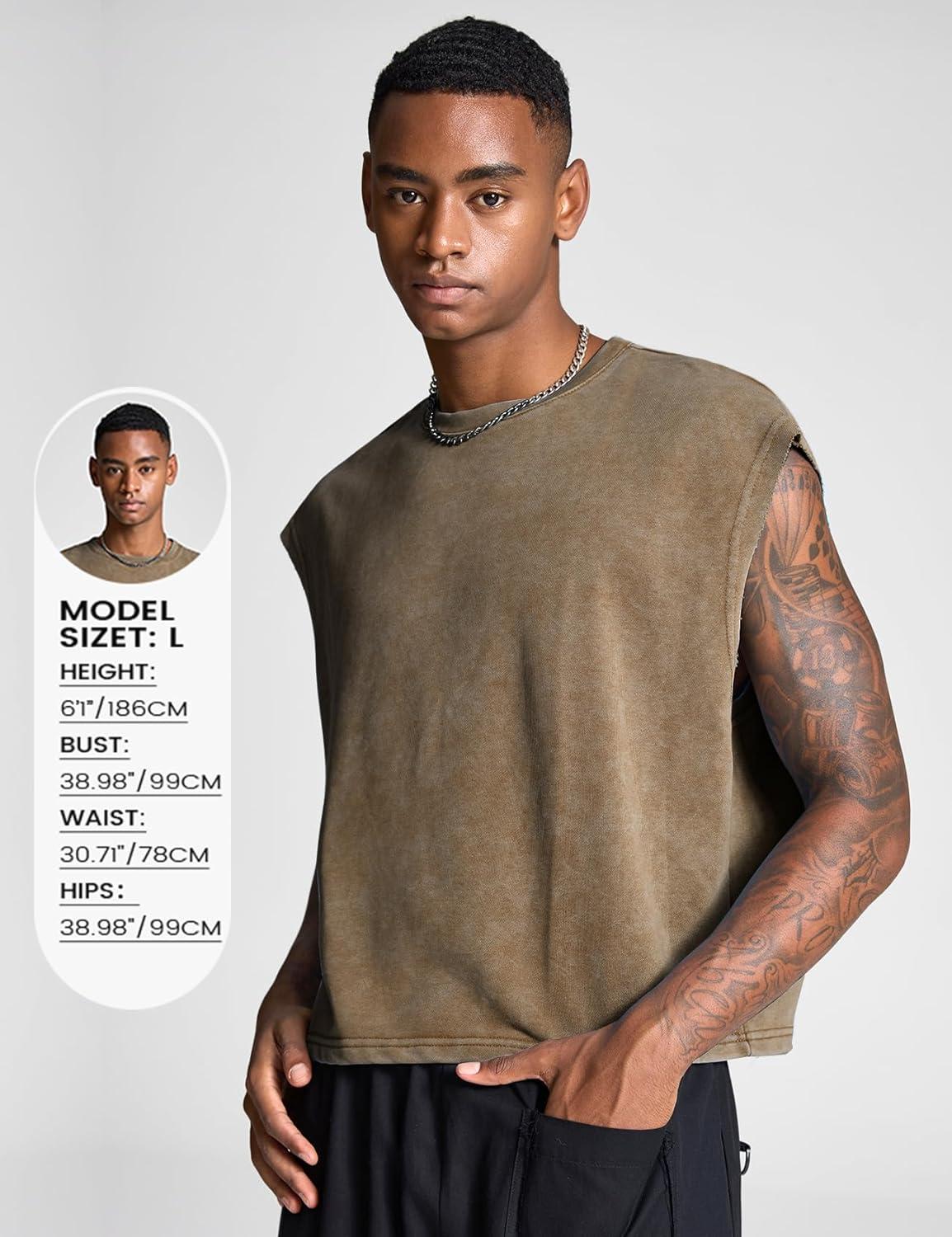 image:imageArssm Mens Crop T Shirts Acid Wash Tank Top Dolman Sleeve Vintage Crewneck Loose Pullover TopBlackbrown