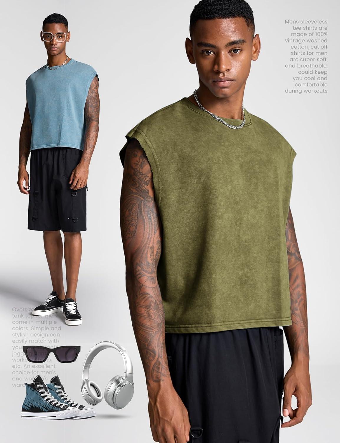 image:imageArssm Mens Crop T Shirts Acid Wash Tank Top Dolman Sleeve Vintage Crewneck Loose Pullover TopBluearmy