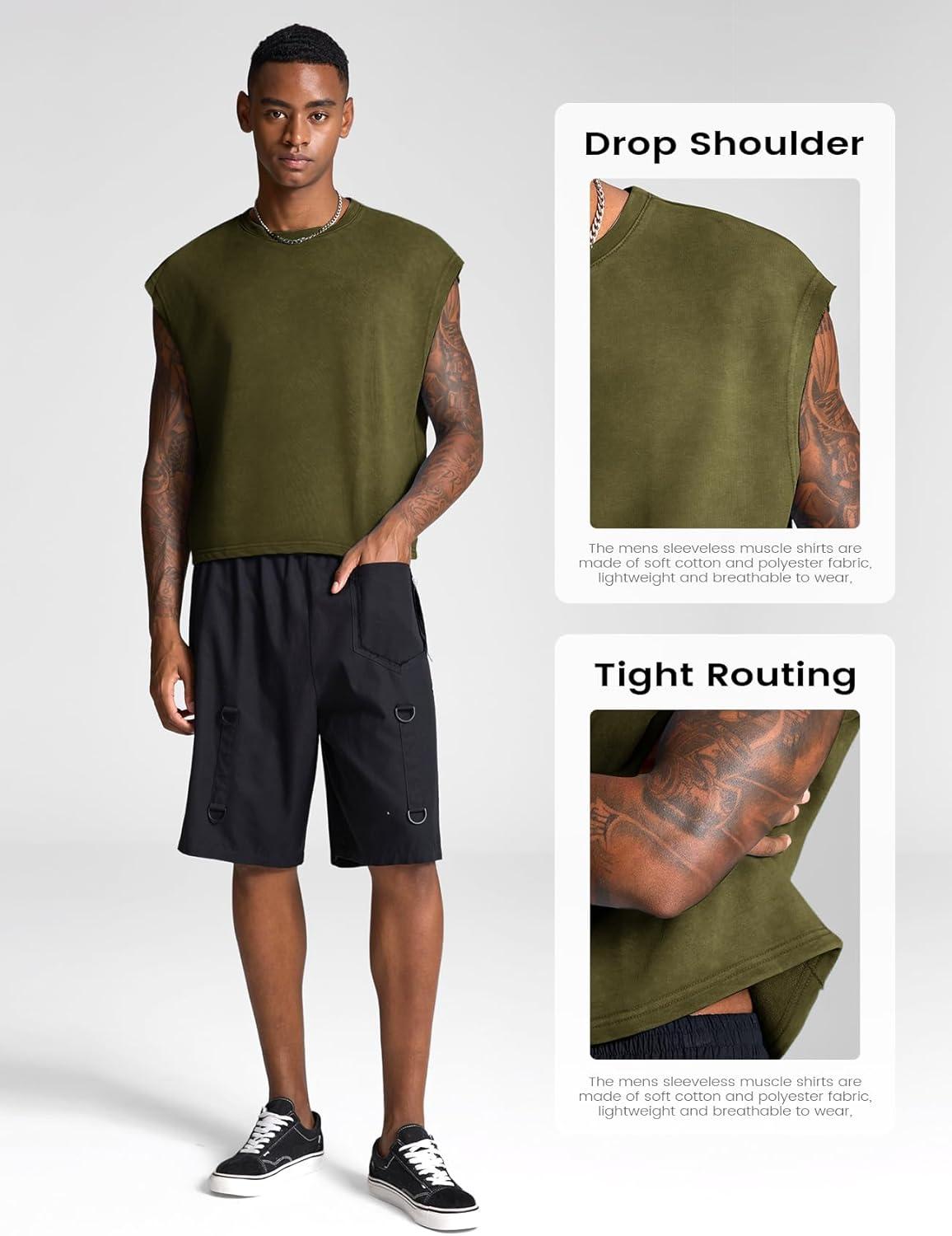 image:imageArssm Mens Crop T Shirts Acid Wash Tank Top Dolman Sleeve Vintage Crewneck Loose Pullover TopBluearmy
