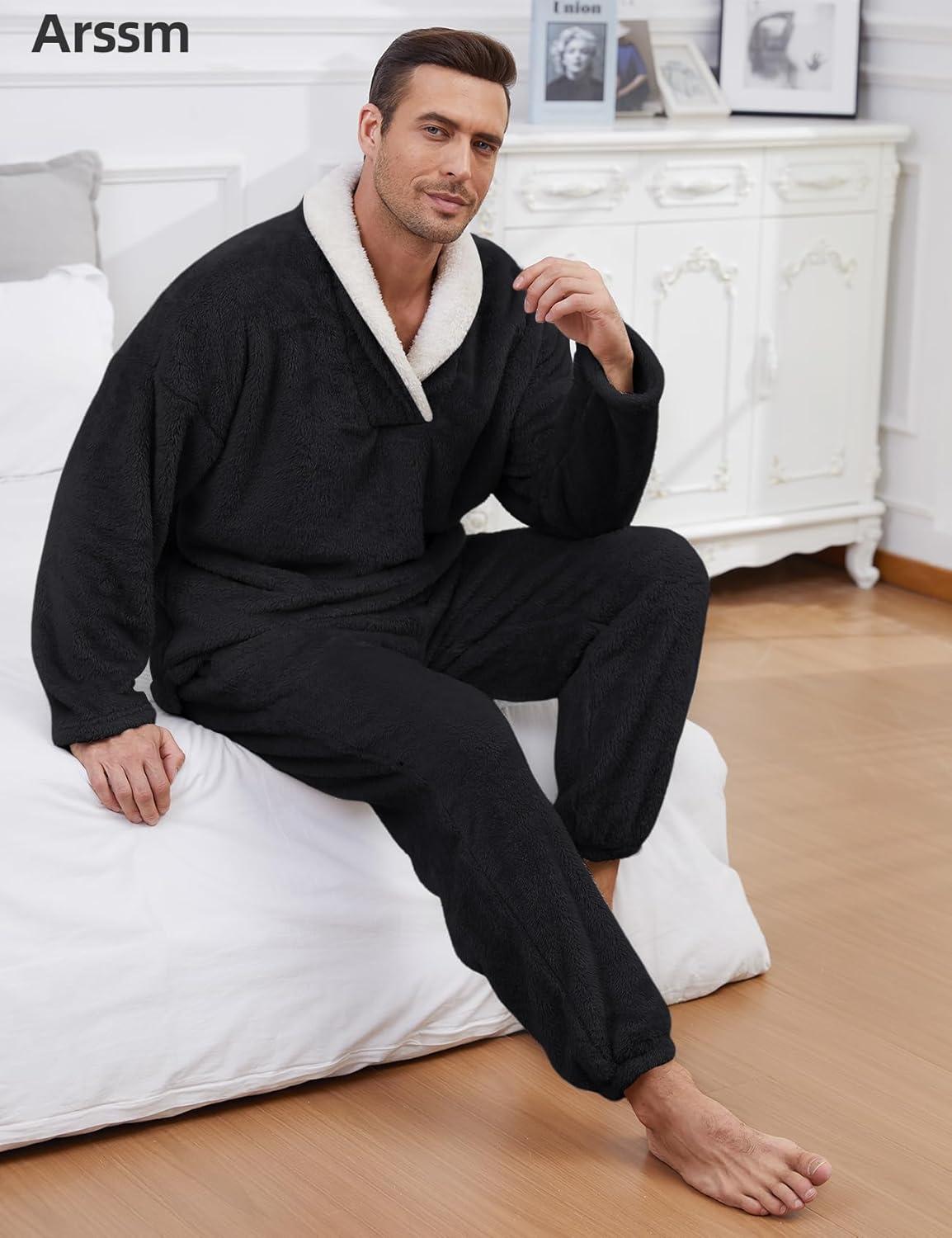 image:imageArssm Mens Fluffy Pajamas Set 2 Piece Fleece Pjs Loose Plush Winter Warm Cozy Loungewear SleepwearBlack