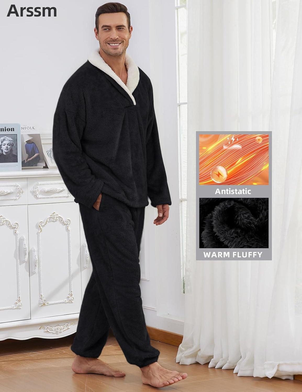 image:imageArssm Mens Fluffy Pajamas Set 2 Piece Fleece Pjs Loose Plush Winter Warm Cozy Loungewear SleepwearBlack